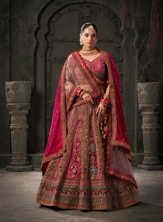 Rani and Maroon Premium Zarkan Embroidered Lycra Velvet Bridal Lehenga with Double Dupatta