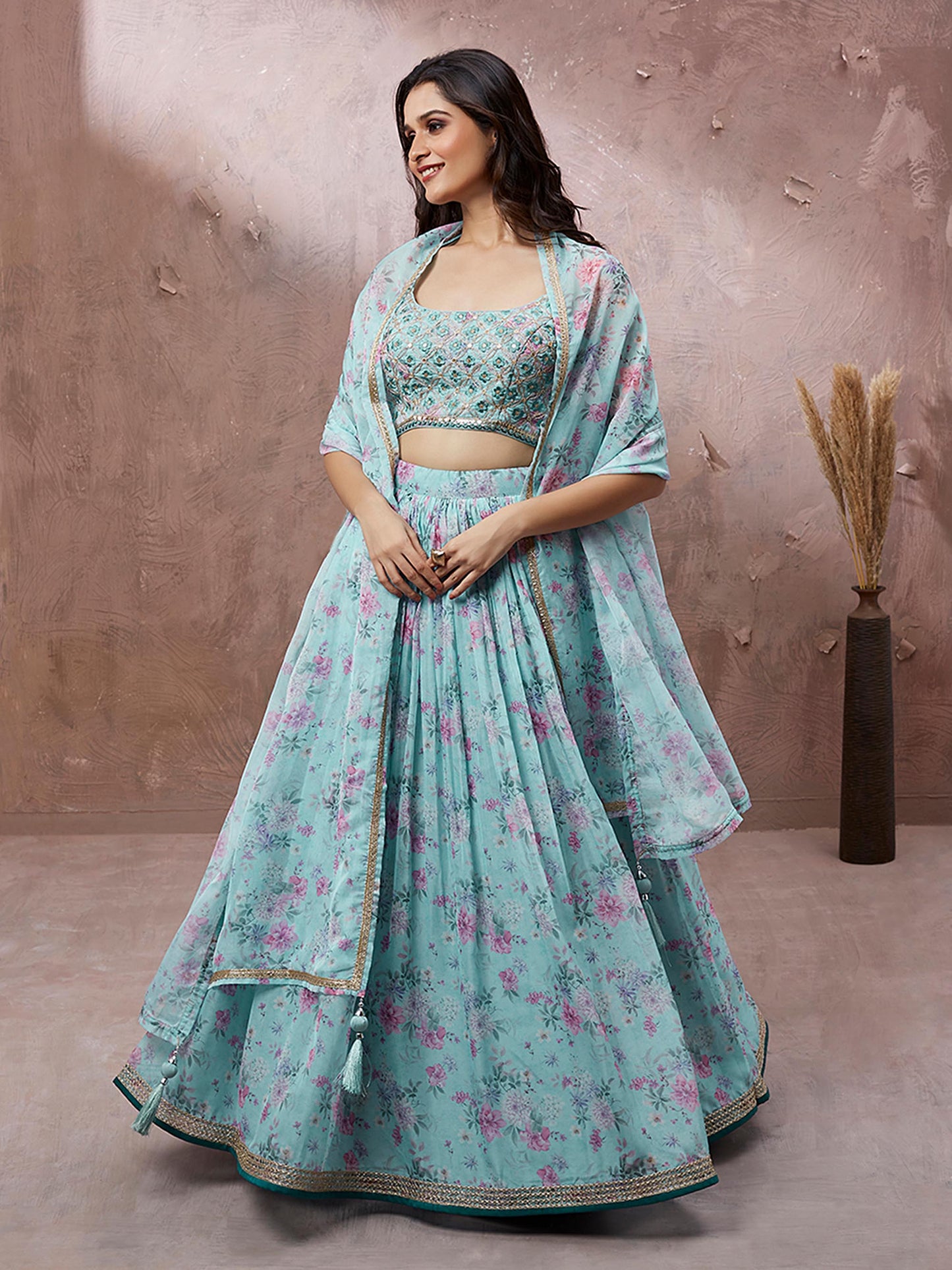 Turquoise Blue Organza Floral Printed Lehenga choli & Dupatta