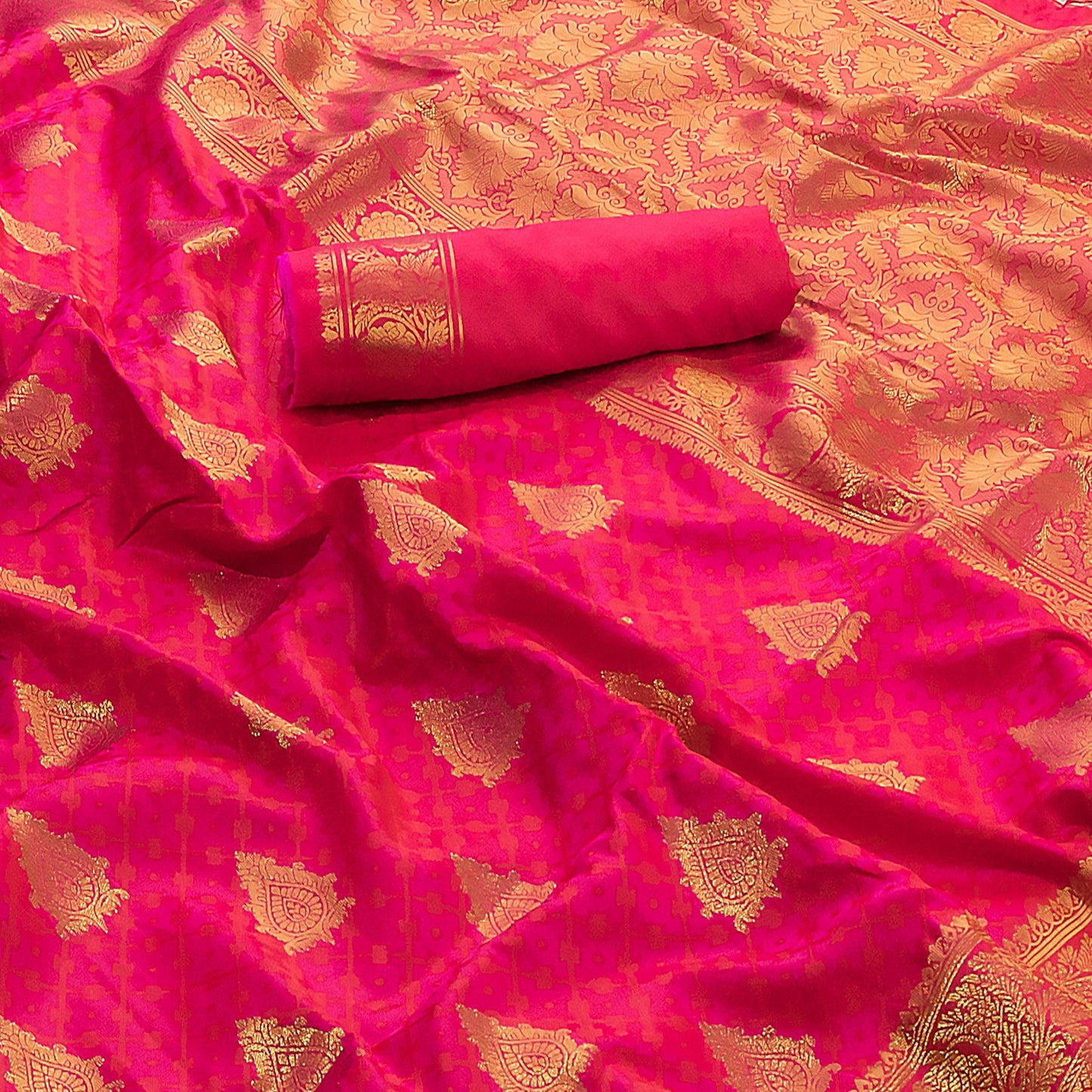 Golden Border Strawberry Pink Silk Saree