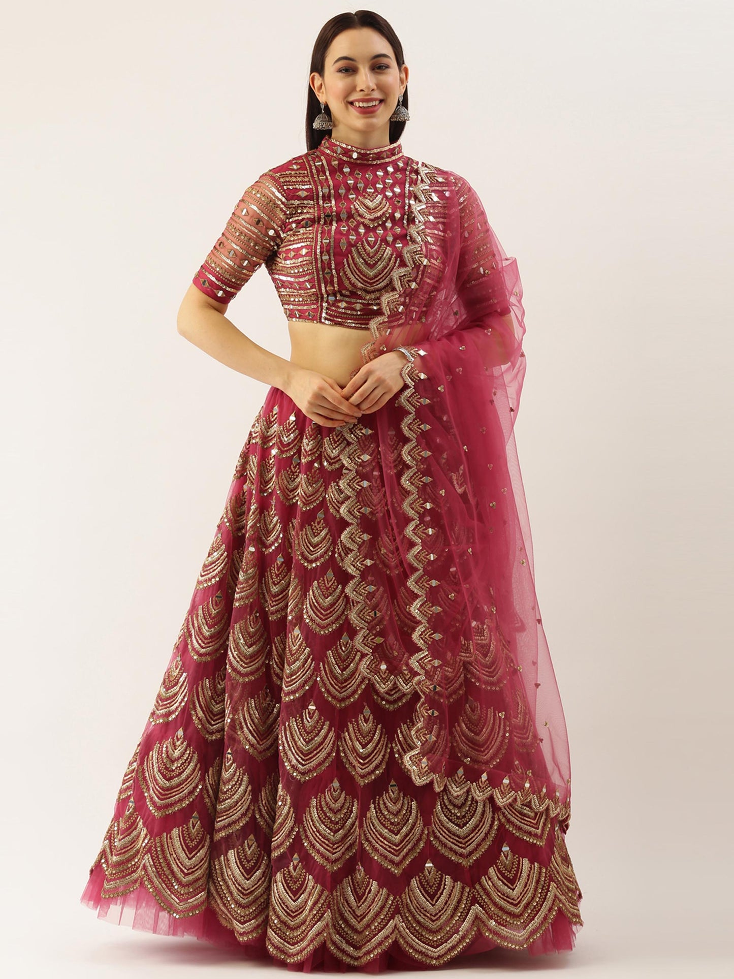 Women Rosegold Net Embroidered Mirror Semi-Stitched Lehenga & Unstitched Blouse with Dupatta