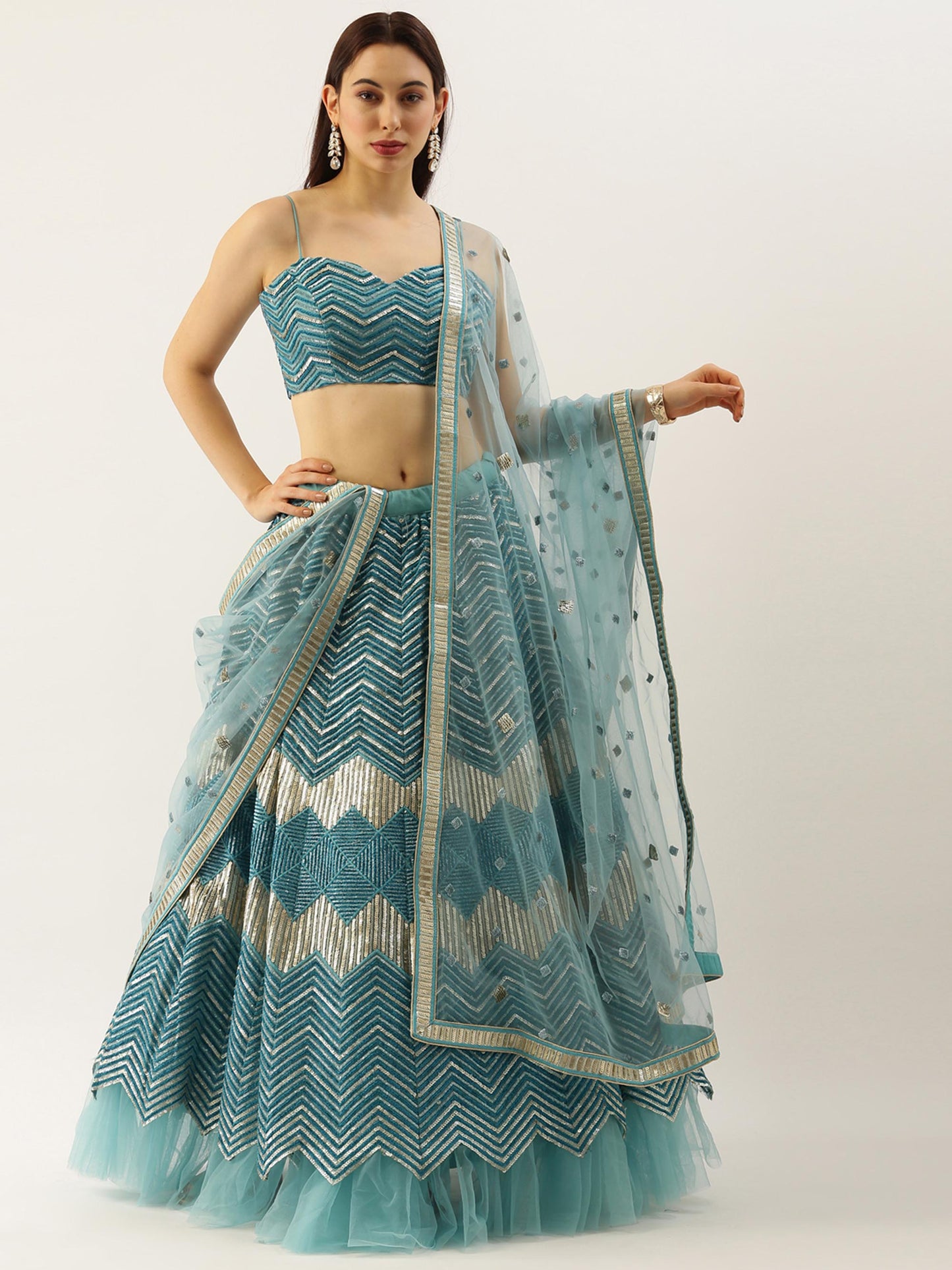 Sea Green Net Zig-Zag Embroideried Semi-Stitched Lehenga Unstitched Blouse & Dupatta