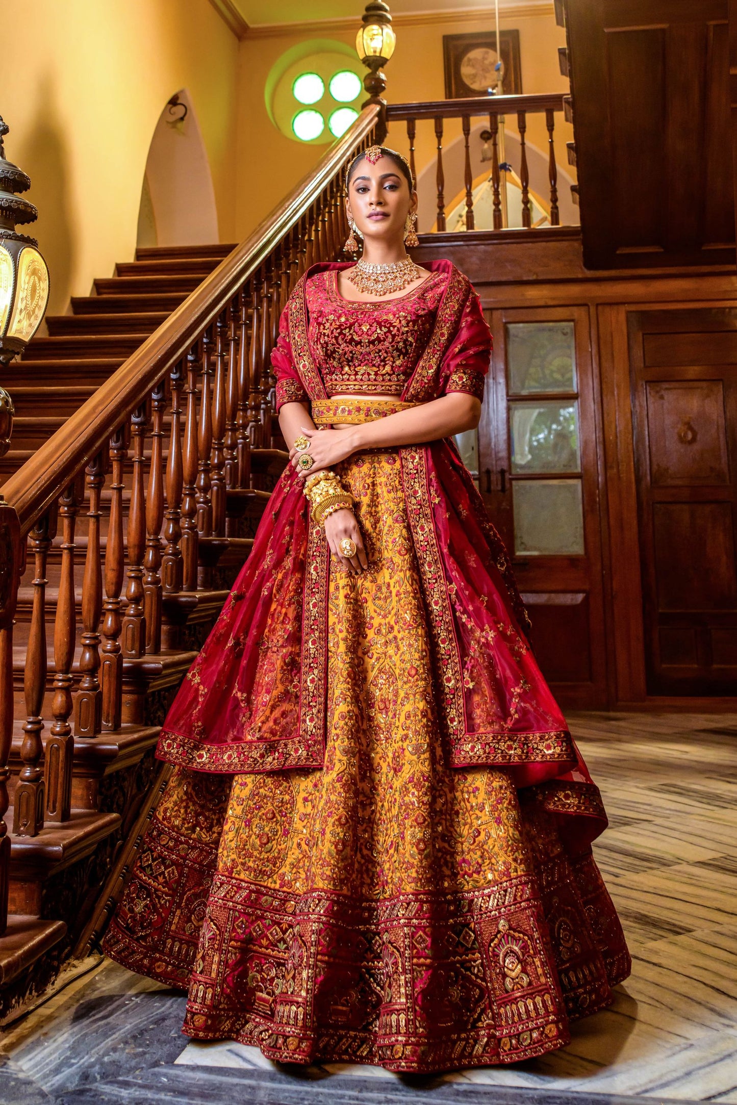 Red, Yellow Velvet Sequins Embroidered Indian Bridal lehenga