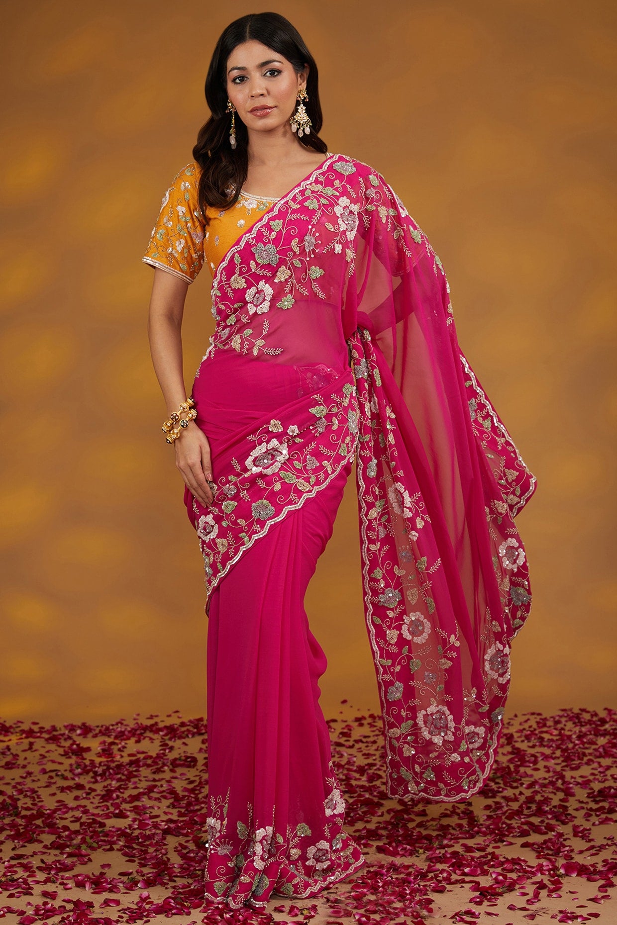 Pink Georgette Hand Embroidered Saree Set