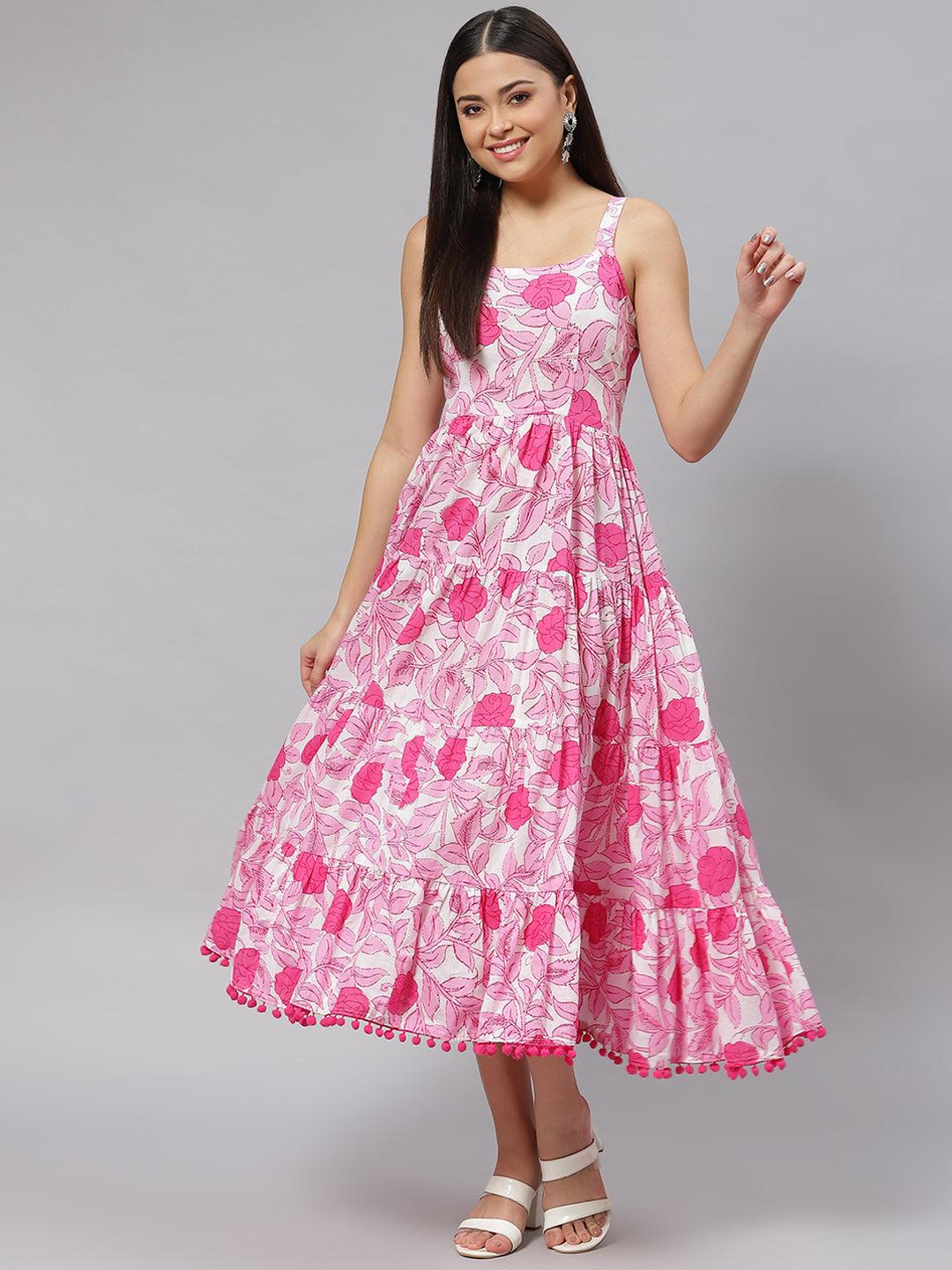 Divena white & Pink Floral Shoulder Strip Long Dress - divena world-Mohi