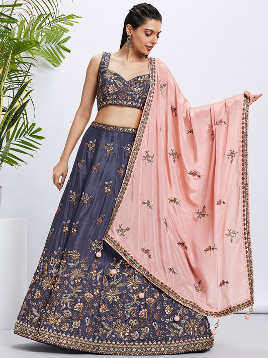 Violet Pure Chiffon Sequins and thread embroidery Lehenga choli & Dupatta