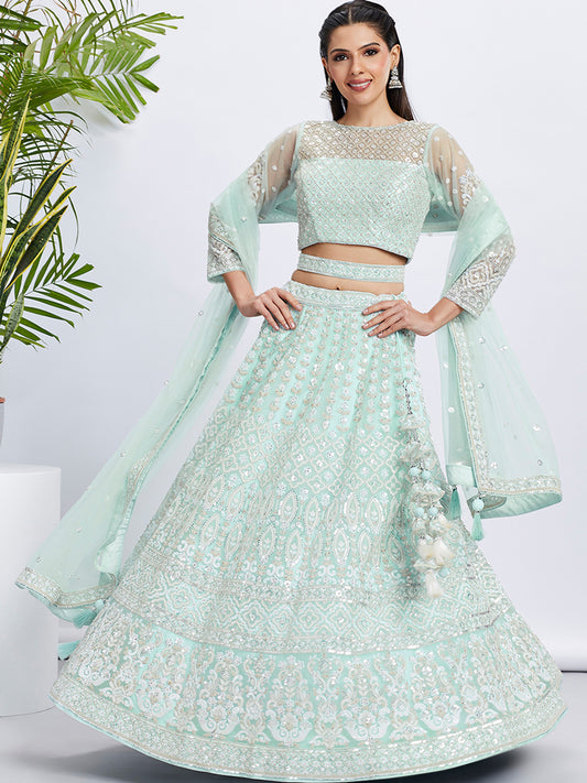 Turquoise blue Net Sequins and thread embroidery Lehenga choli