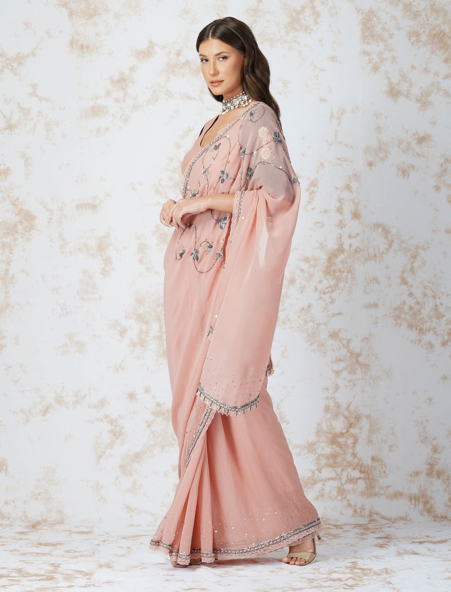 Antique Work Natural Pink Saree With Contrast Blouse