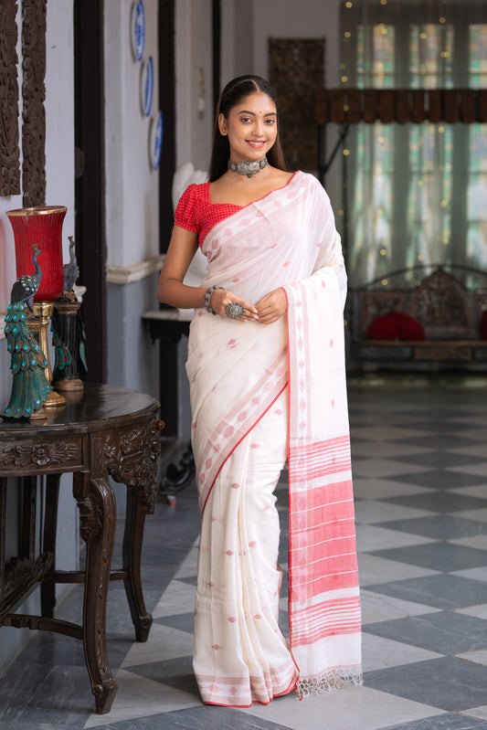 Handloom White Pure Cotton Laal Paar Jamdani Saree