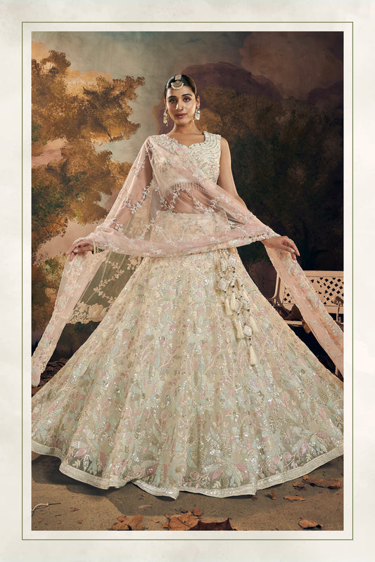 Cream Floral Embroidery and Beads Work Georgette Lehenga