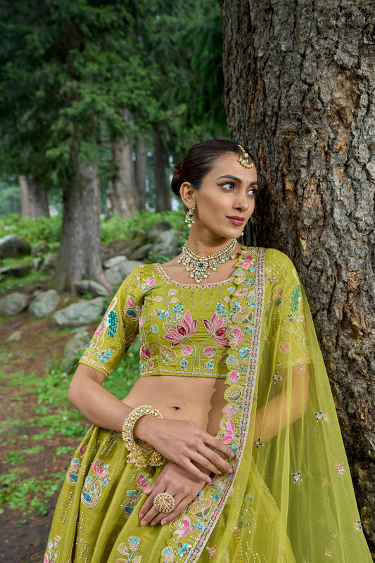 Lime Green Viscose Hand Embroidered Royal Bridal Lehenga