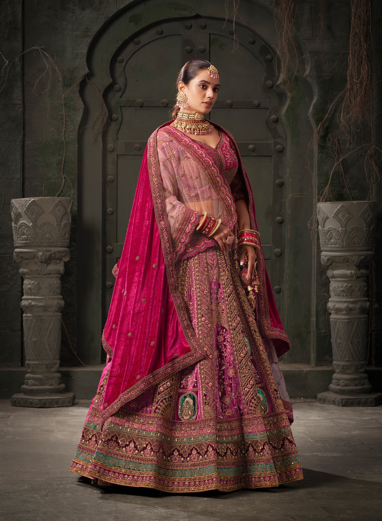 Rani and Maroon Premium Zarkan Embroidered Lycra Velvet Bridal Lehenga with Double Dupatta