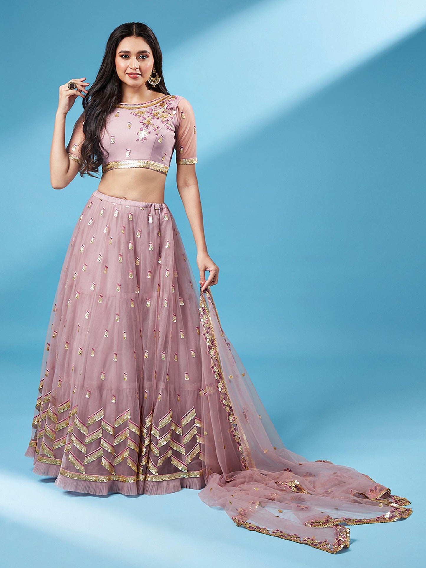 Rose Gold Net Semi Stitched Thread and Sequins work Lehenga Choli