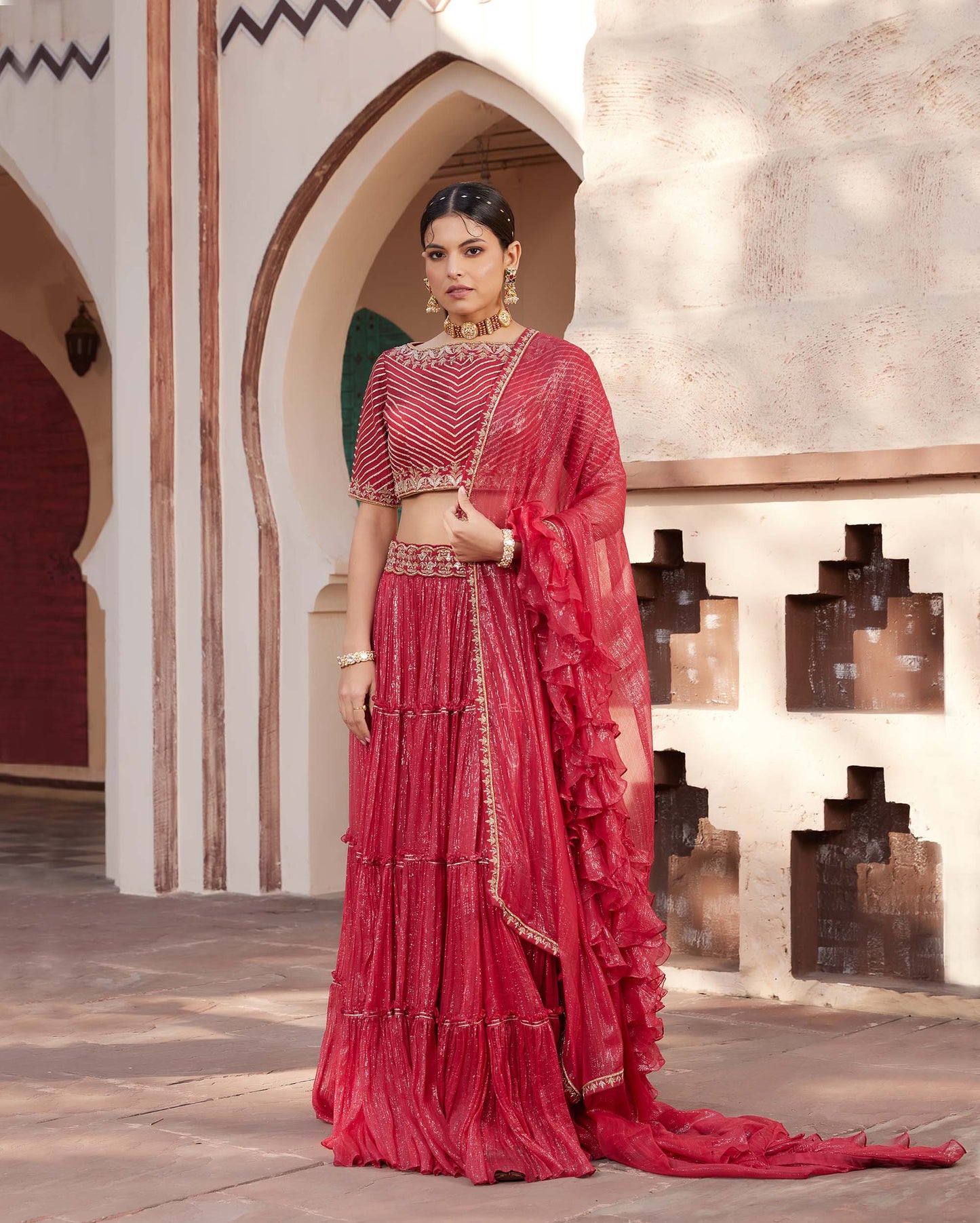 Mughal Red Raw Silk Hand Embroidered Lehenga