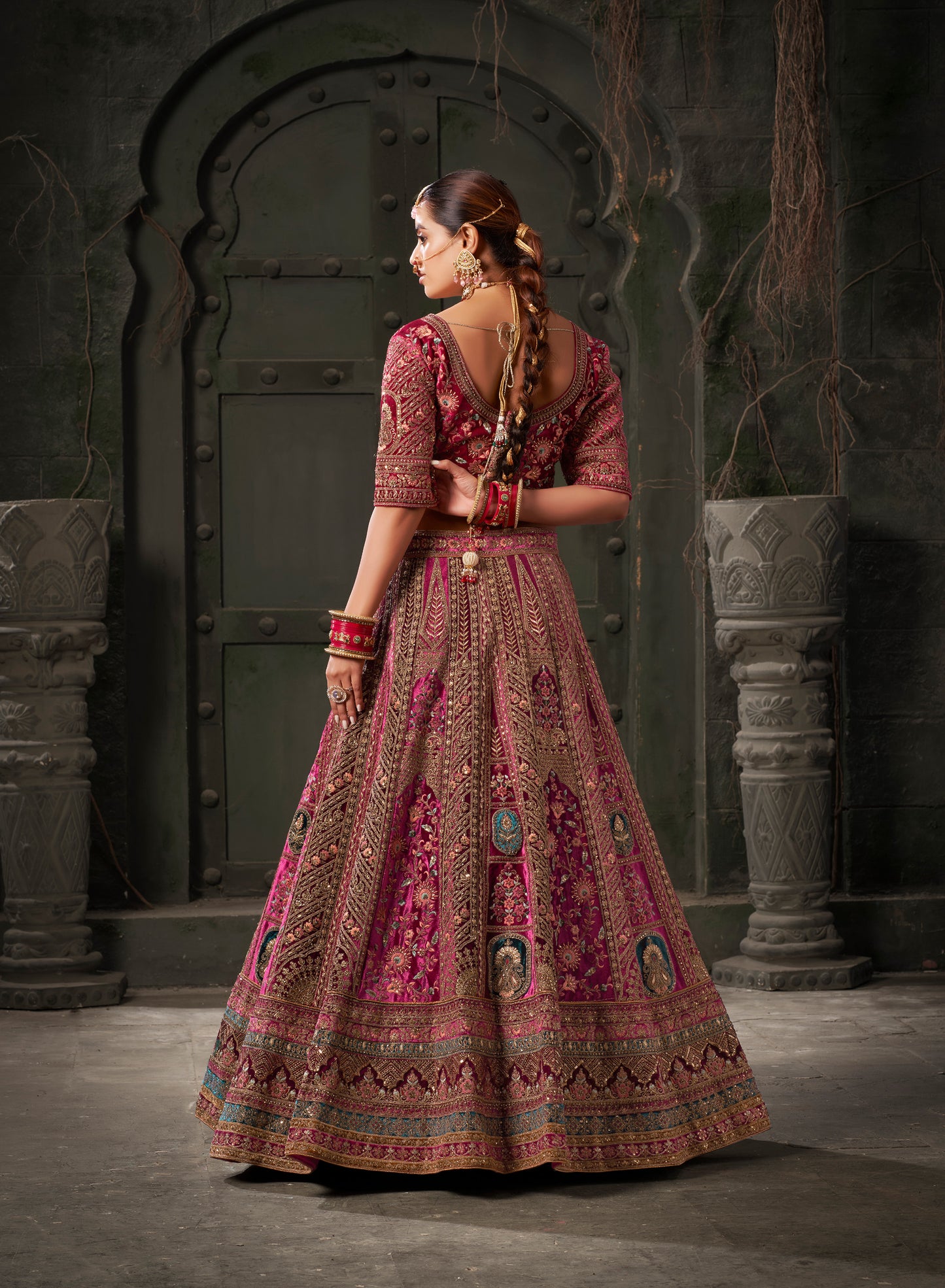 Rani and Maroon Premium Zarkan Embroidered Lycra Velvet Bridal Lehenga with Double Dupatta