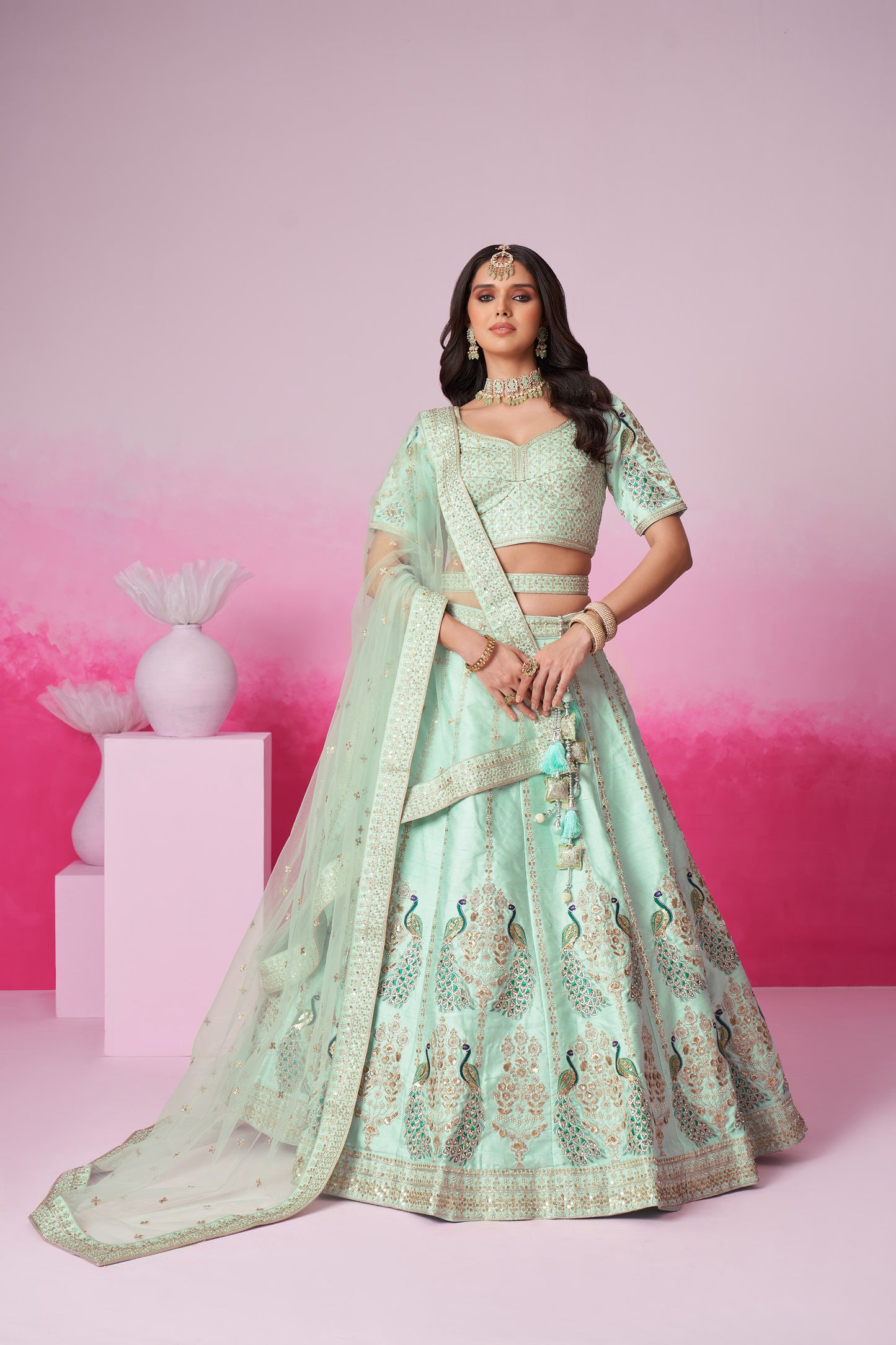 Sea Green Pure silk Sequins embroidery Bridal Lehenga choli