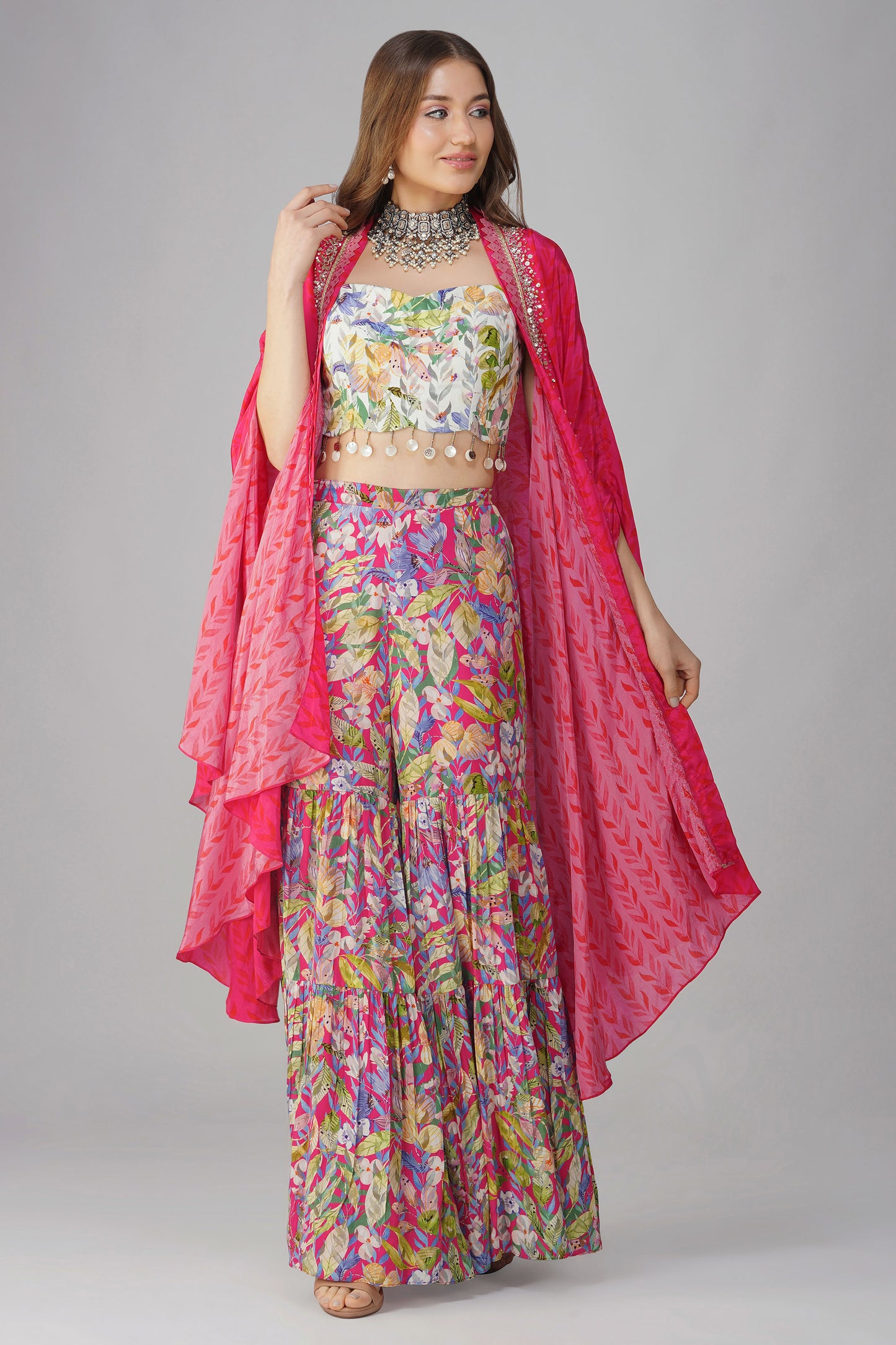 Rani Pink Multi Leaf Print Cape Set