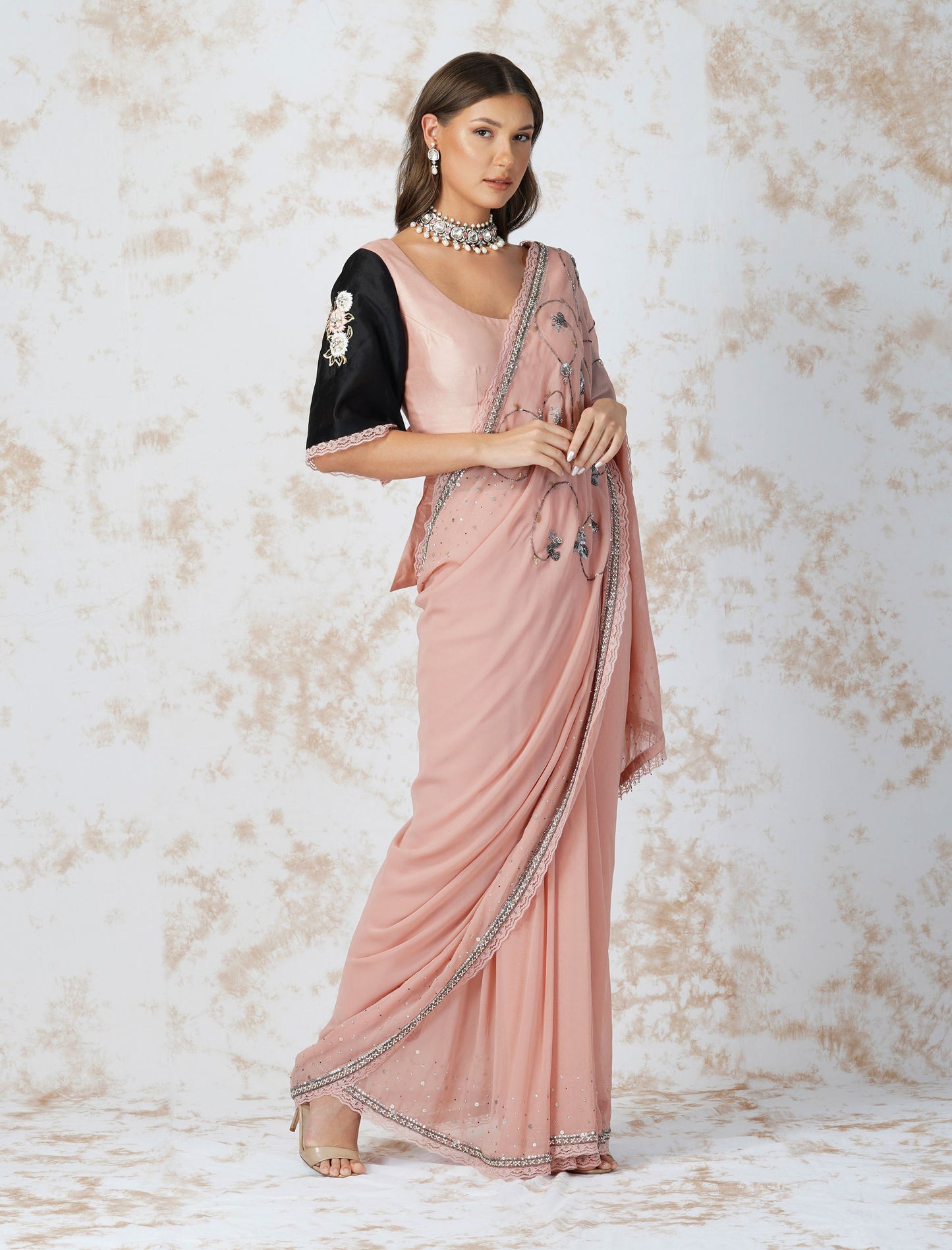 Antique Work Natural Pink Saree With Contrast Blouse