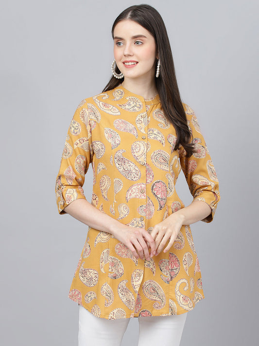 Mastard Yellow Print Mandarin Collar Roll-Up Sleeves Shirt Style Top