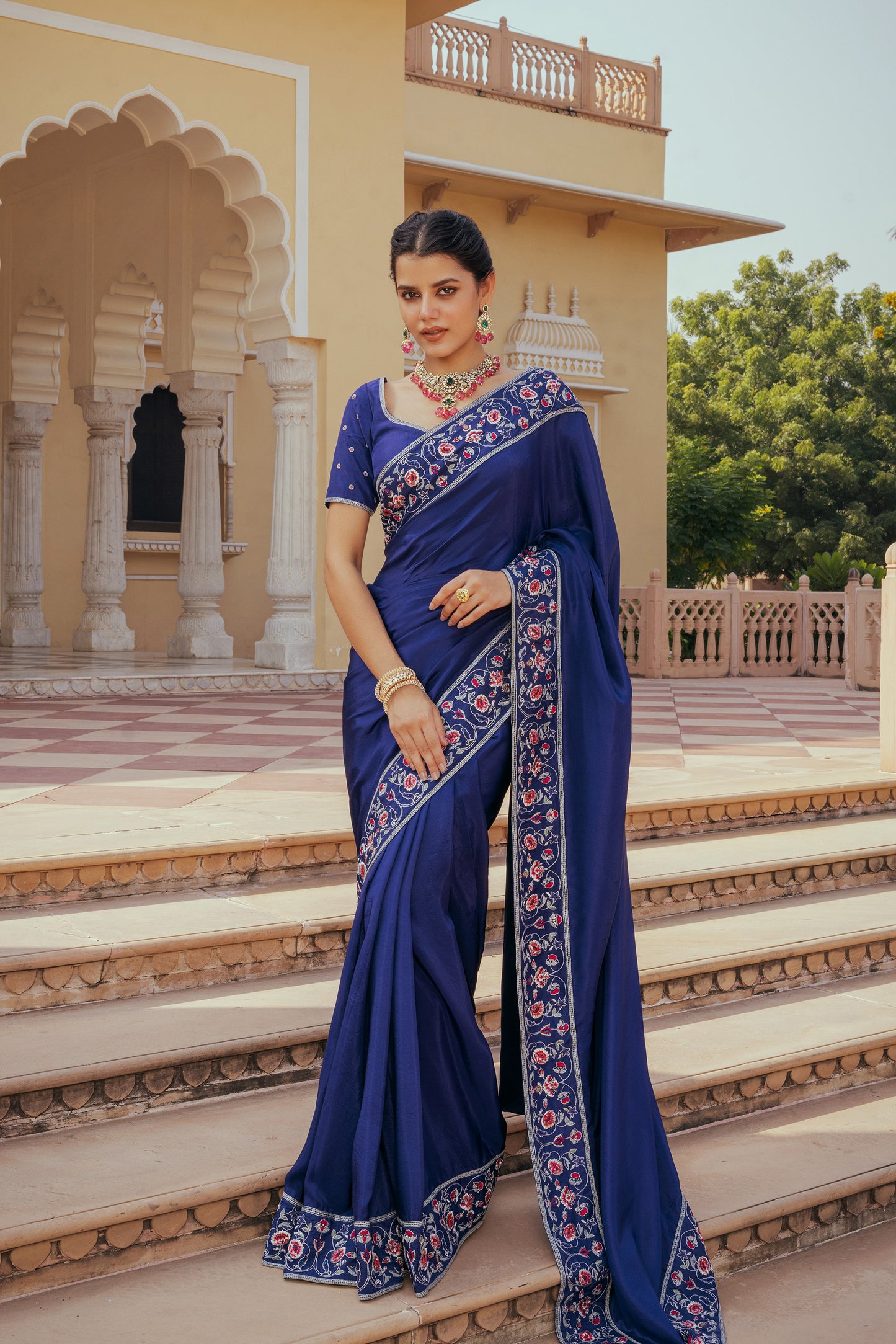 Mavi Zarkan Embrodiered Pure Dupion Silk Blue Saree Set