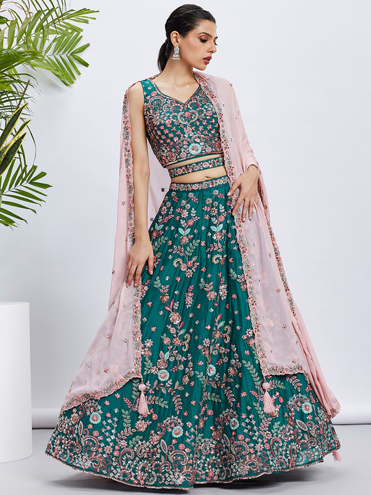 Green Pure Georgette Sequins and thread embroidery Lehenga choli