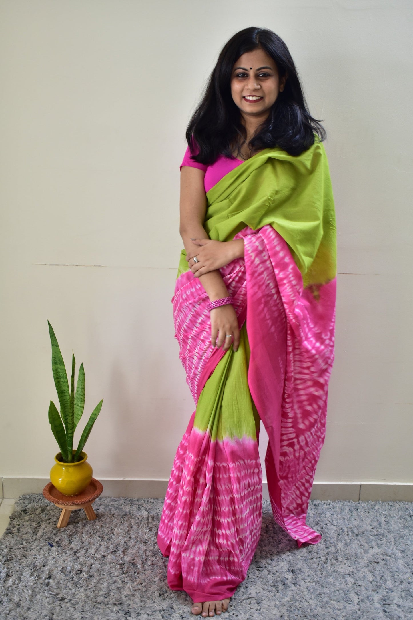 Sadagi -Tie & Dye Shibori Print Natural Dyed - Green Mulmul Cotton Saree