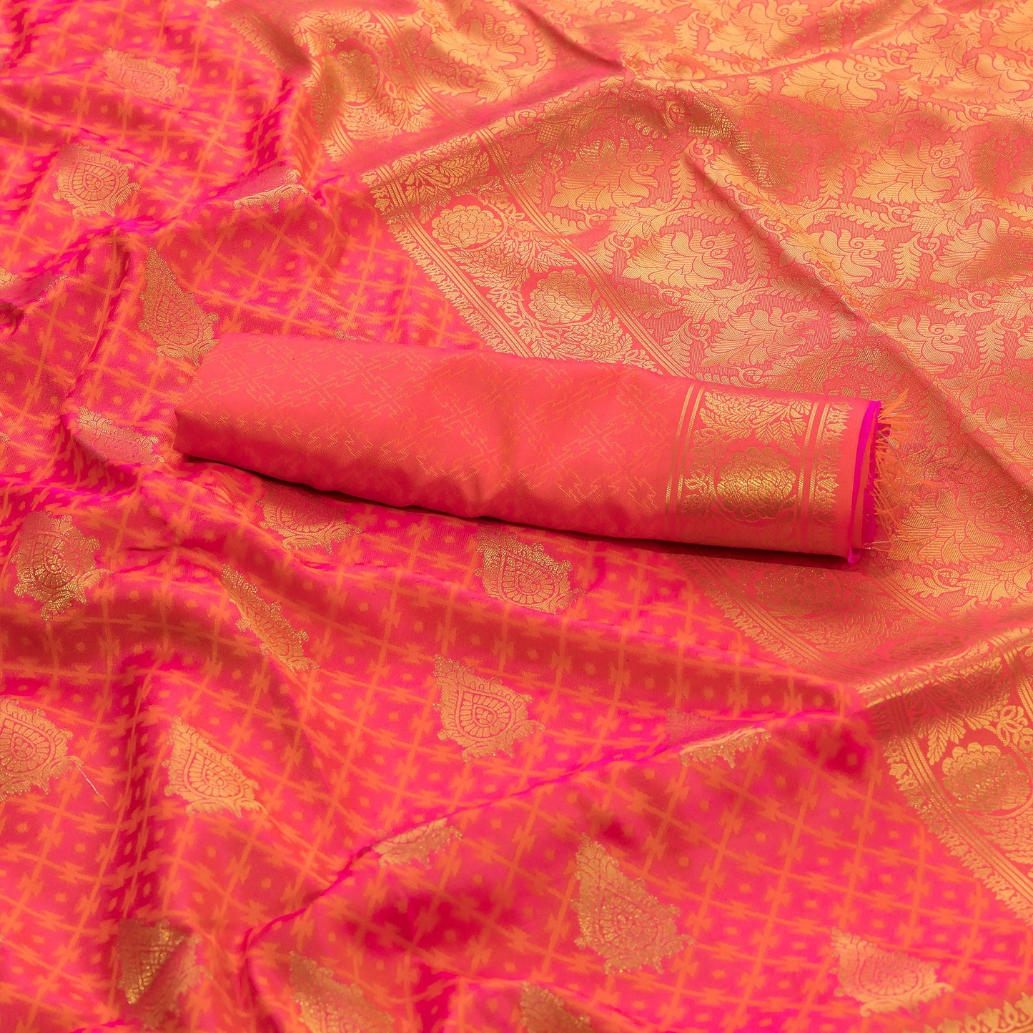 Golden Accented Pink Silk Saree