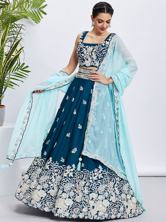 Teal Pure Georgette Sequins and thread embroidery Lehenga choli