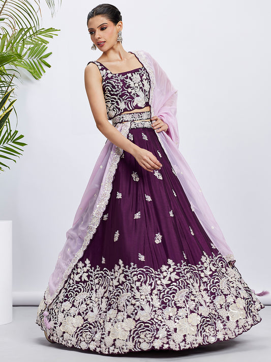 Purple Pure Georgette Sequins and thread embroidery Lehenga choli