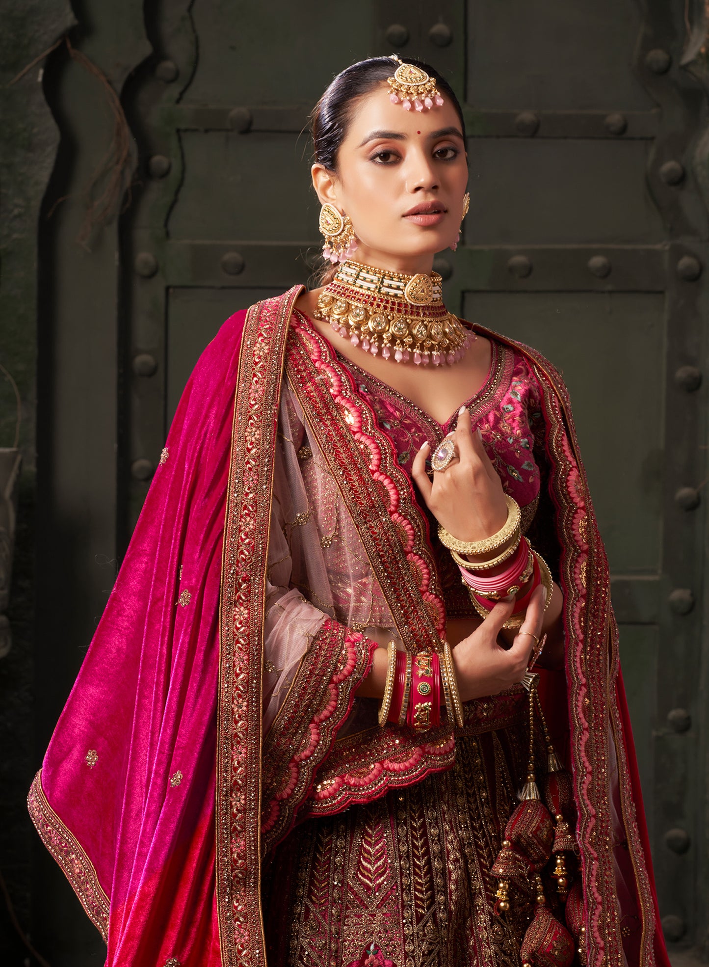 Rani and Maroon Premium Zarkan Embroidered Lycra Velvet Bridal Lehenga with Double Dupatta