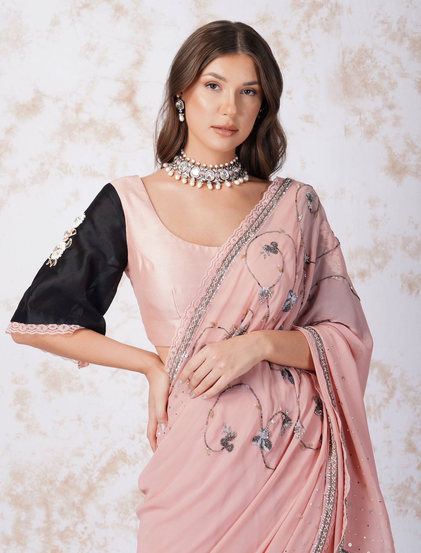 Antique Work Natural Pink Saree With Contrast Blouse