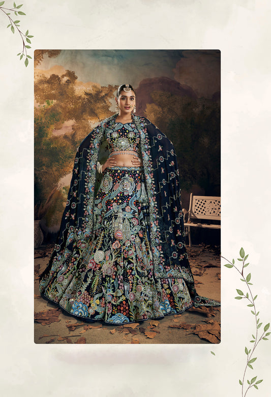 Navy Blue Floral Embroidery and Beads Work Georgette Lehenga