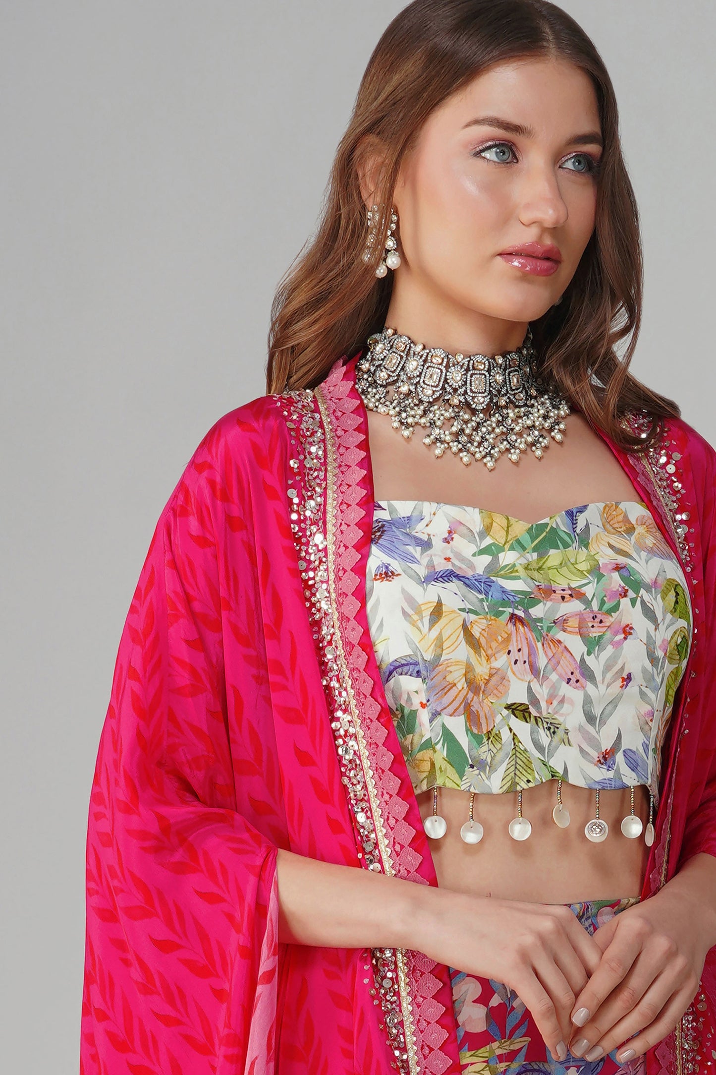 Rani Pink Multi Leaf Print Cape Set