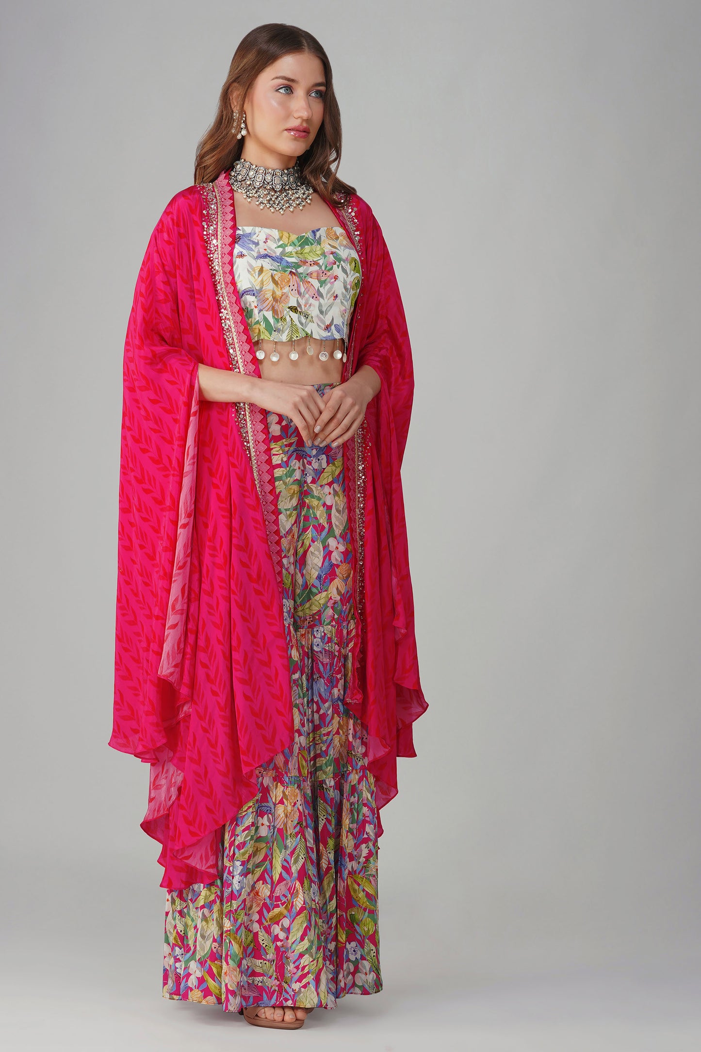 Rani Pink Multi Leaf Print Cape Set