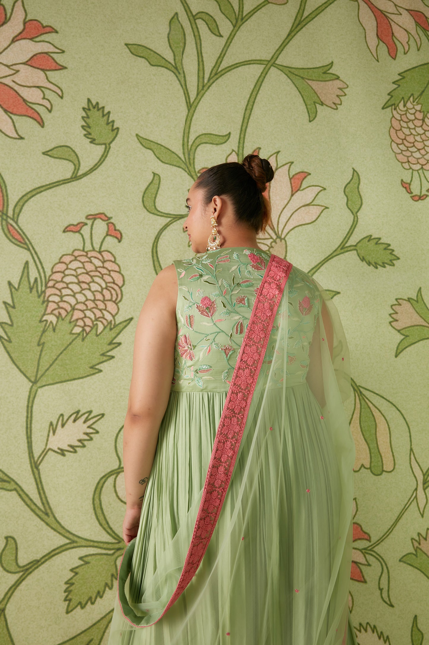 Sage Green Hunar Satin Crushed Kalidaar