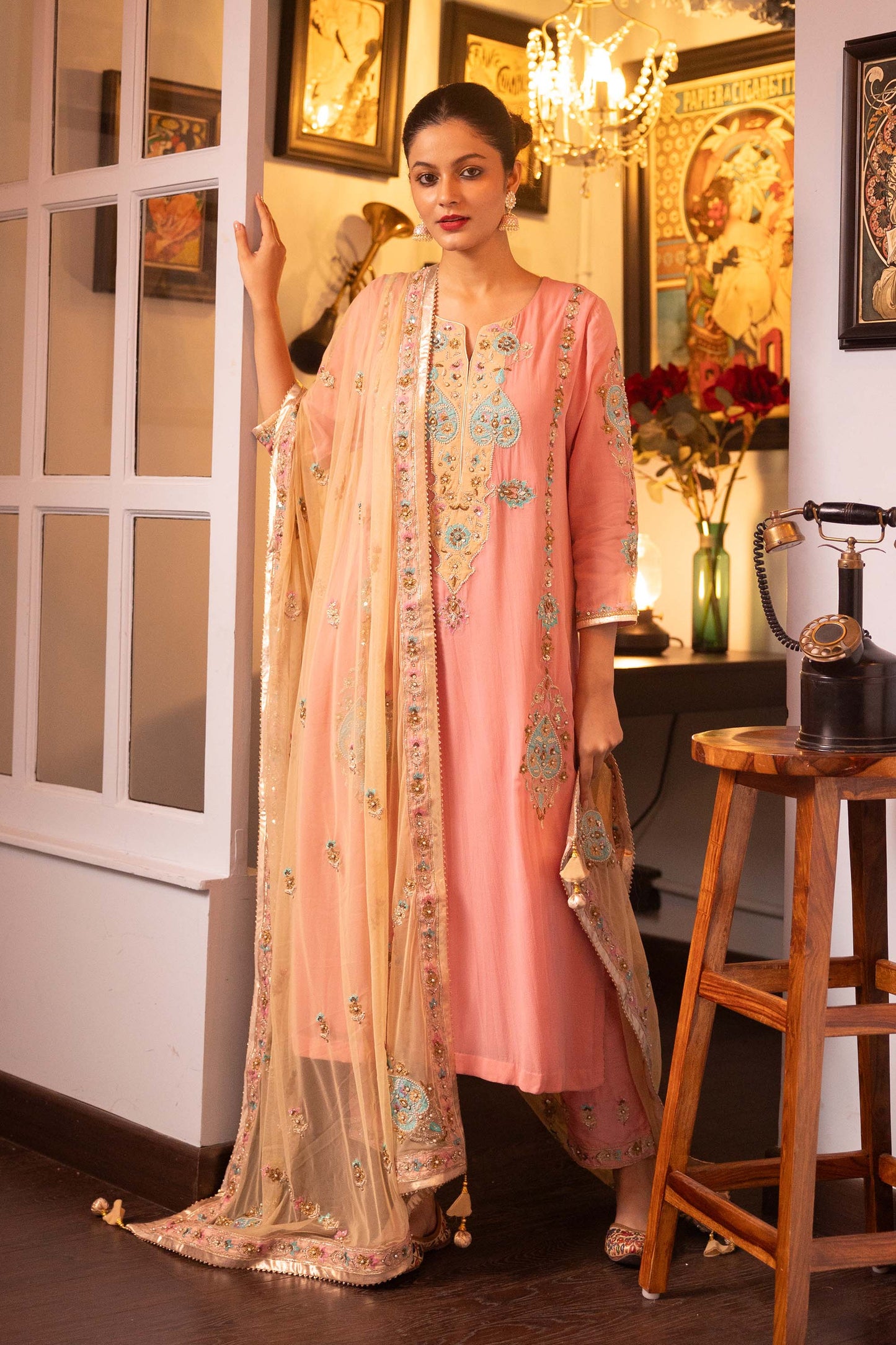 Pietra Dura Pink Georgette  Machine Embroidered Engagement Kurta set