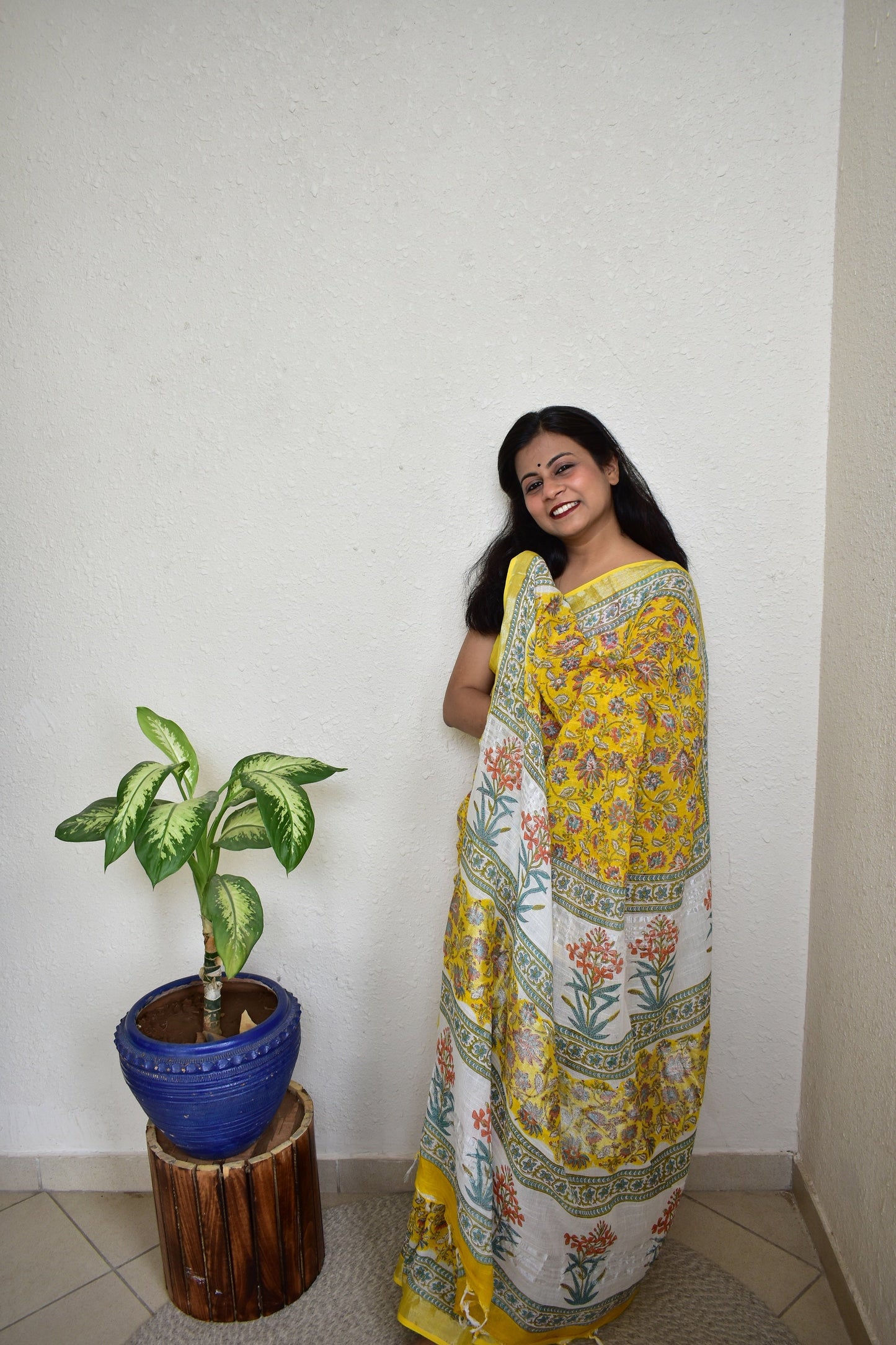 Marigold - White and Yellow Handblock Print Natural Dyed - Linen Cotton Saree