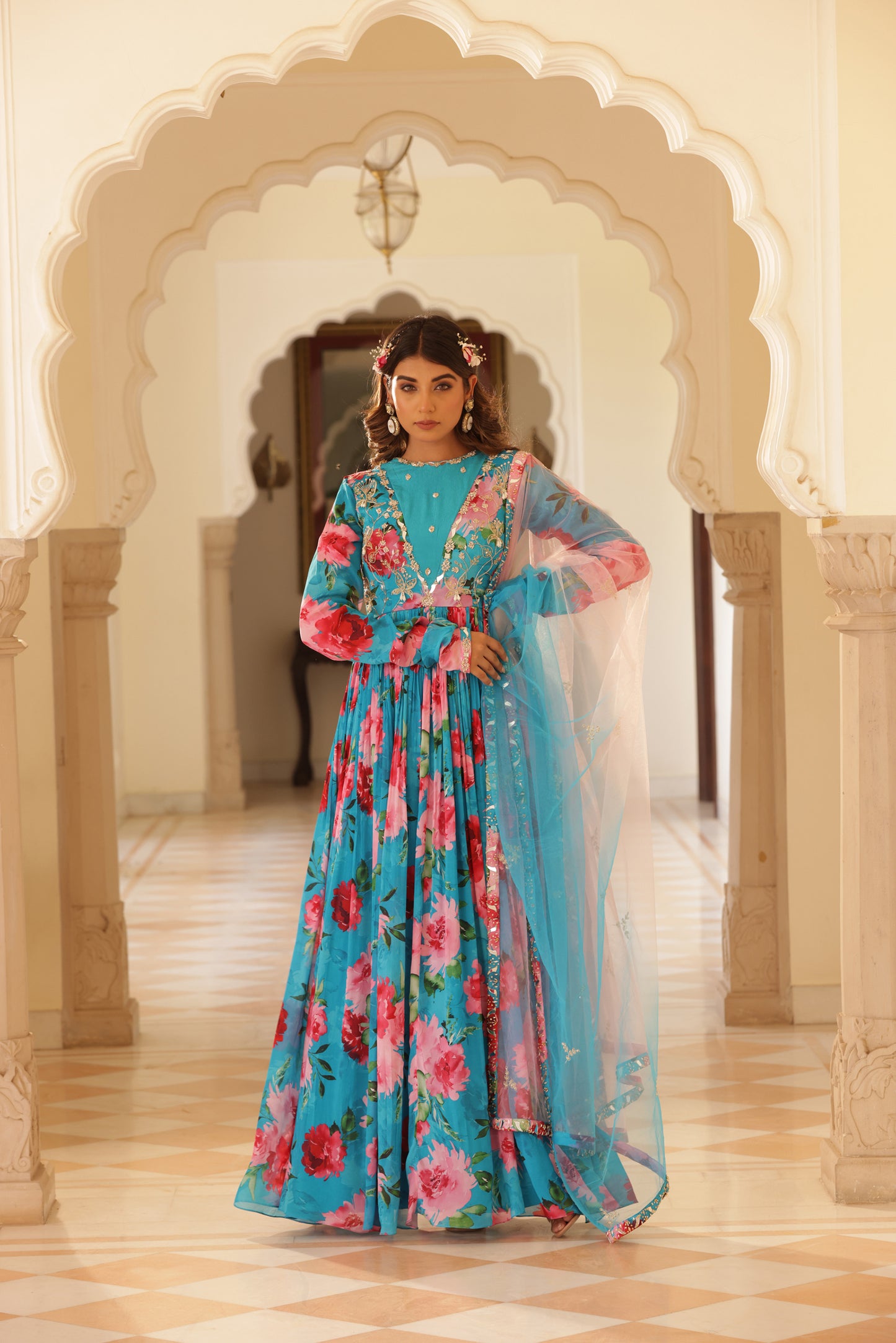 Gulnaz Blue floral printed anarkali set