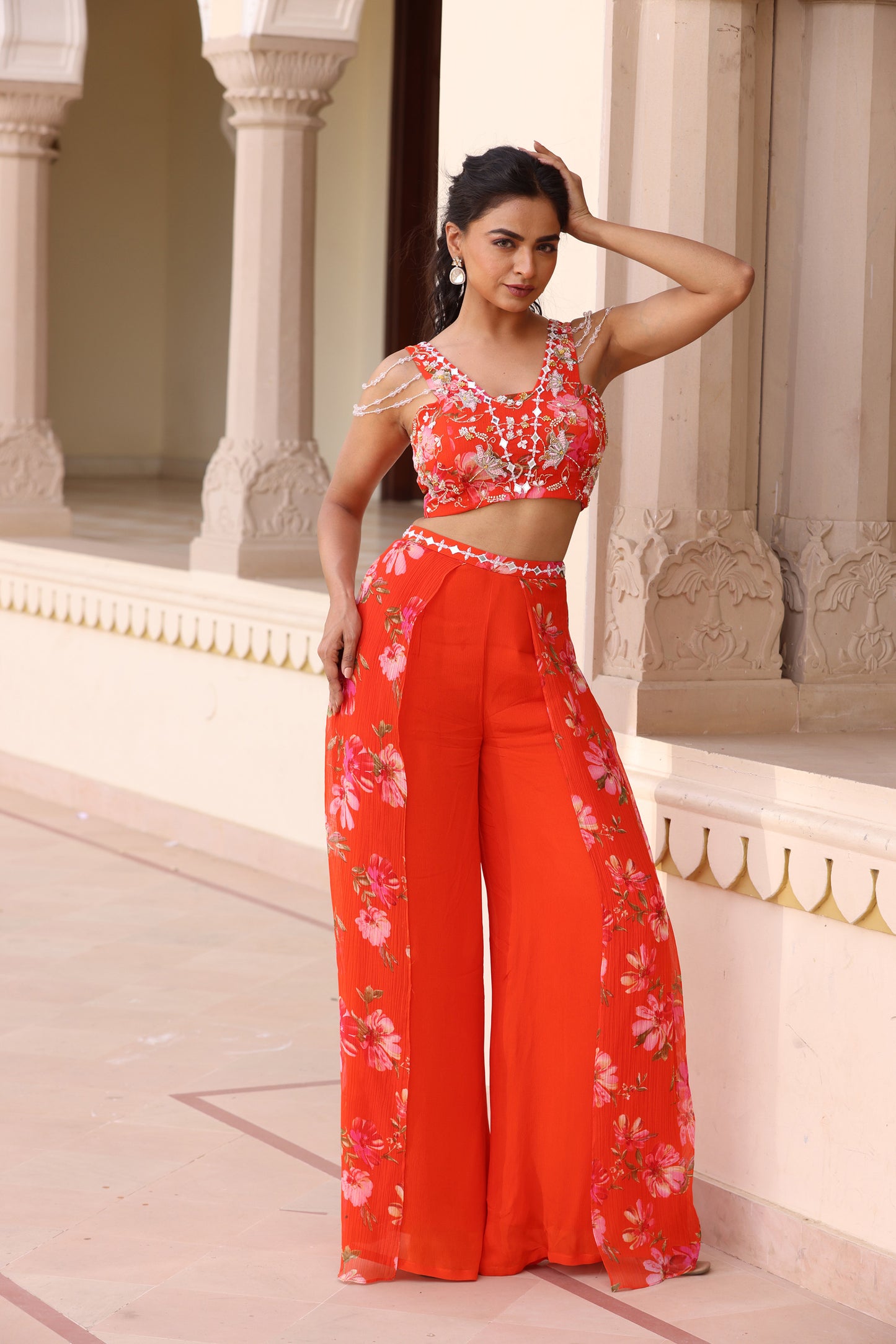 Kudi Orange Hand embroidered Mehendi pant set