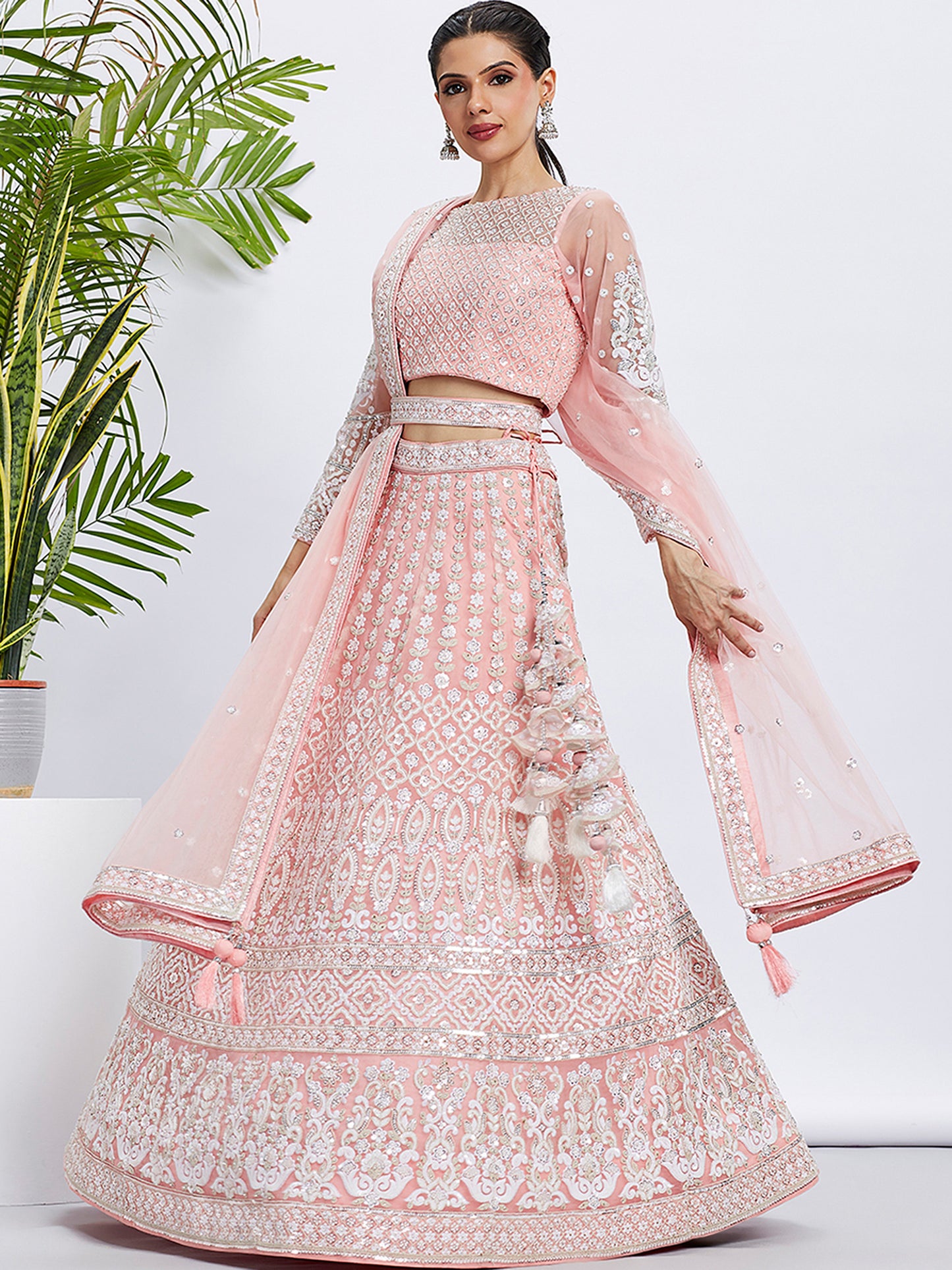 Coral Net Sequins and thread embroidery Lehenga choli