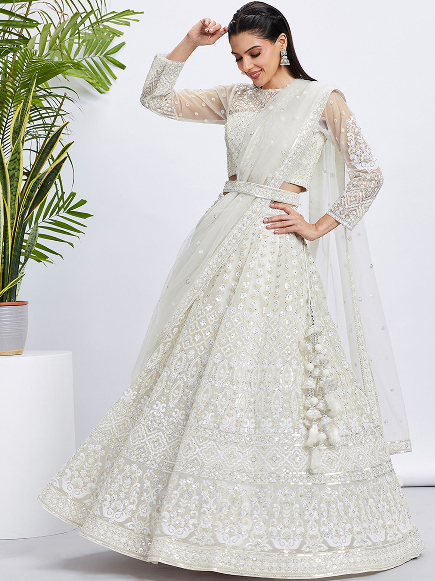 Cream Net Sequins and thread embroidery Lehenga choli