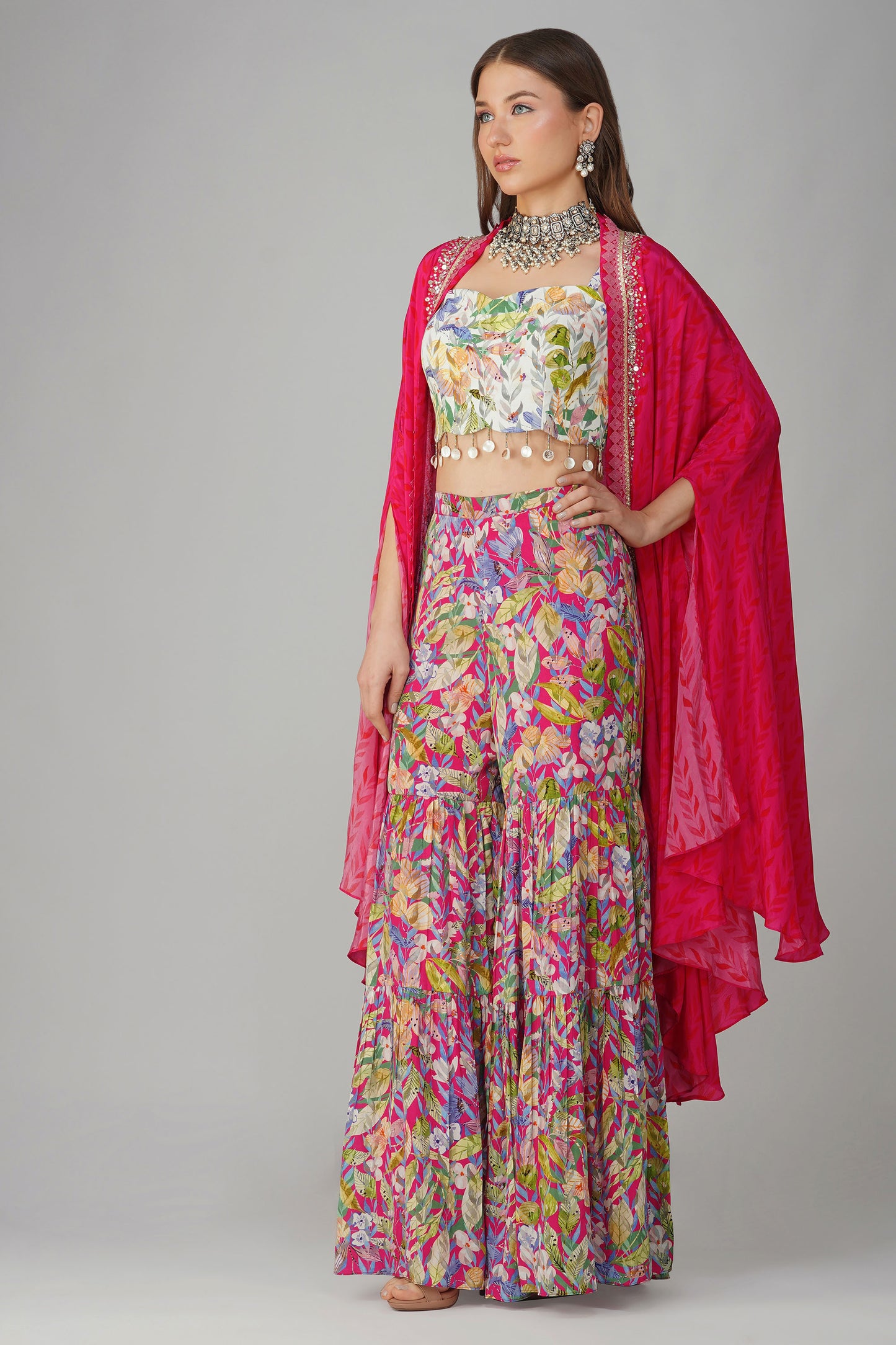 Rani Pink Multi Leaf Print Cape Set