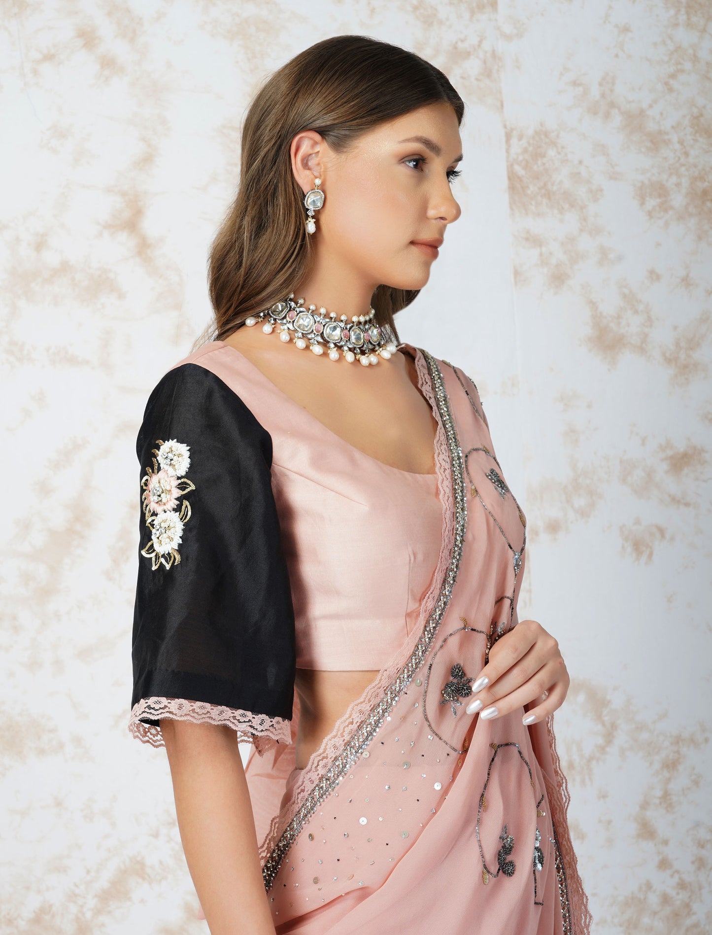 Antique Work Natural Pink Saree With Contrast Blouse