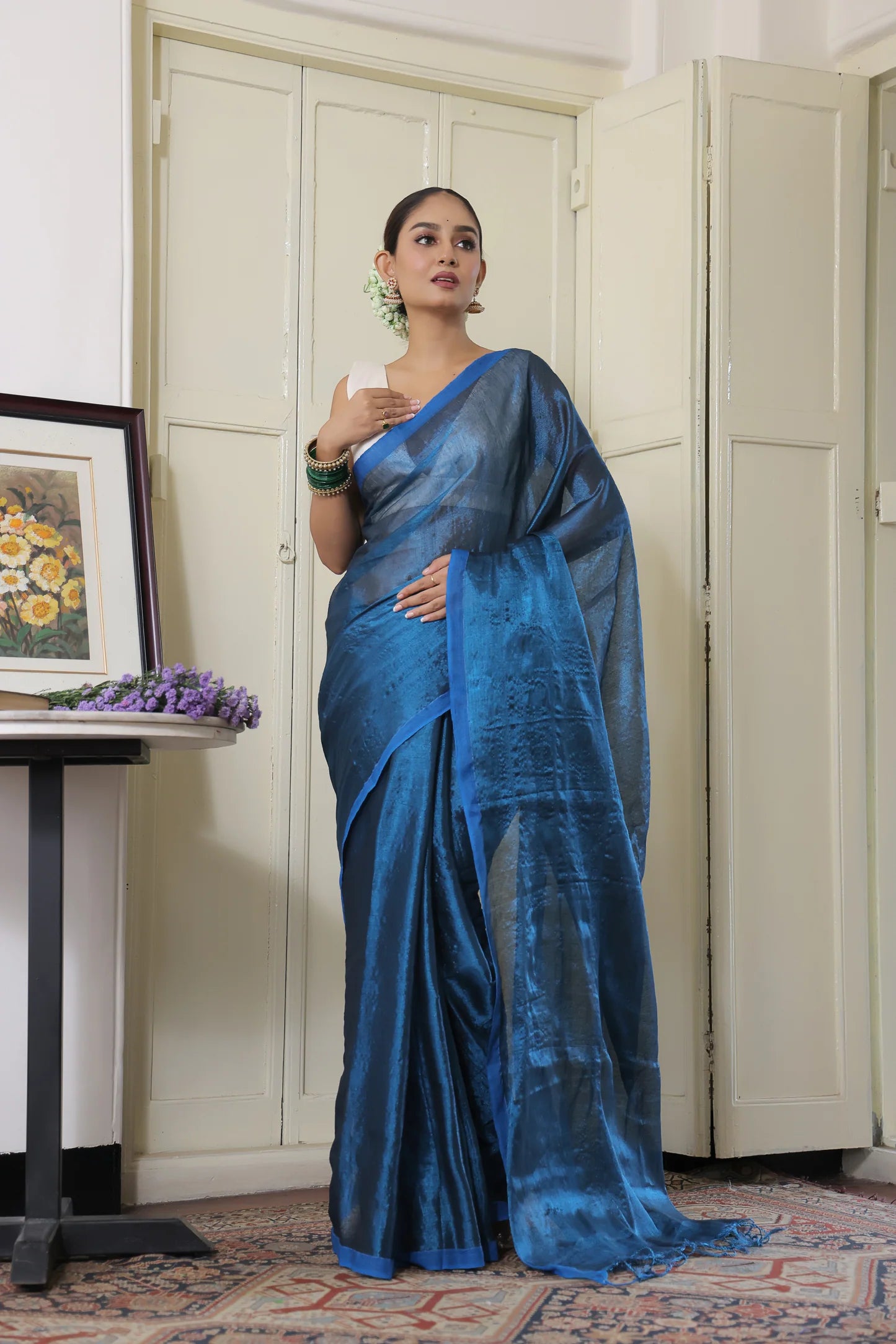 Amaryllis Blue handloom Mul Tissue saree