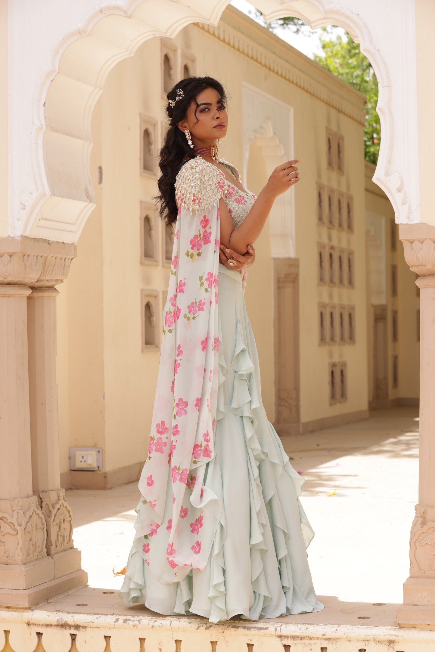 kiah Fish cut and ruffle Green lehenga