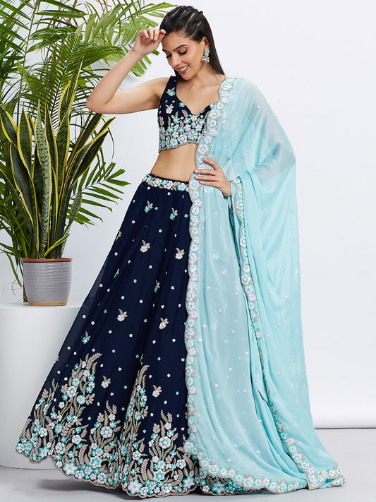 Navy blue Pure Grorgette Sequins and thread embroidery Lehenga choli