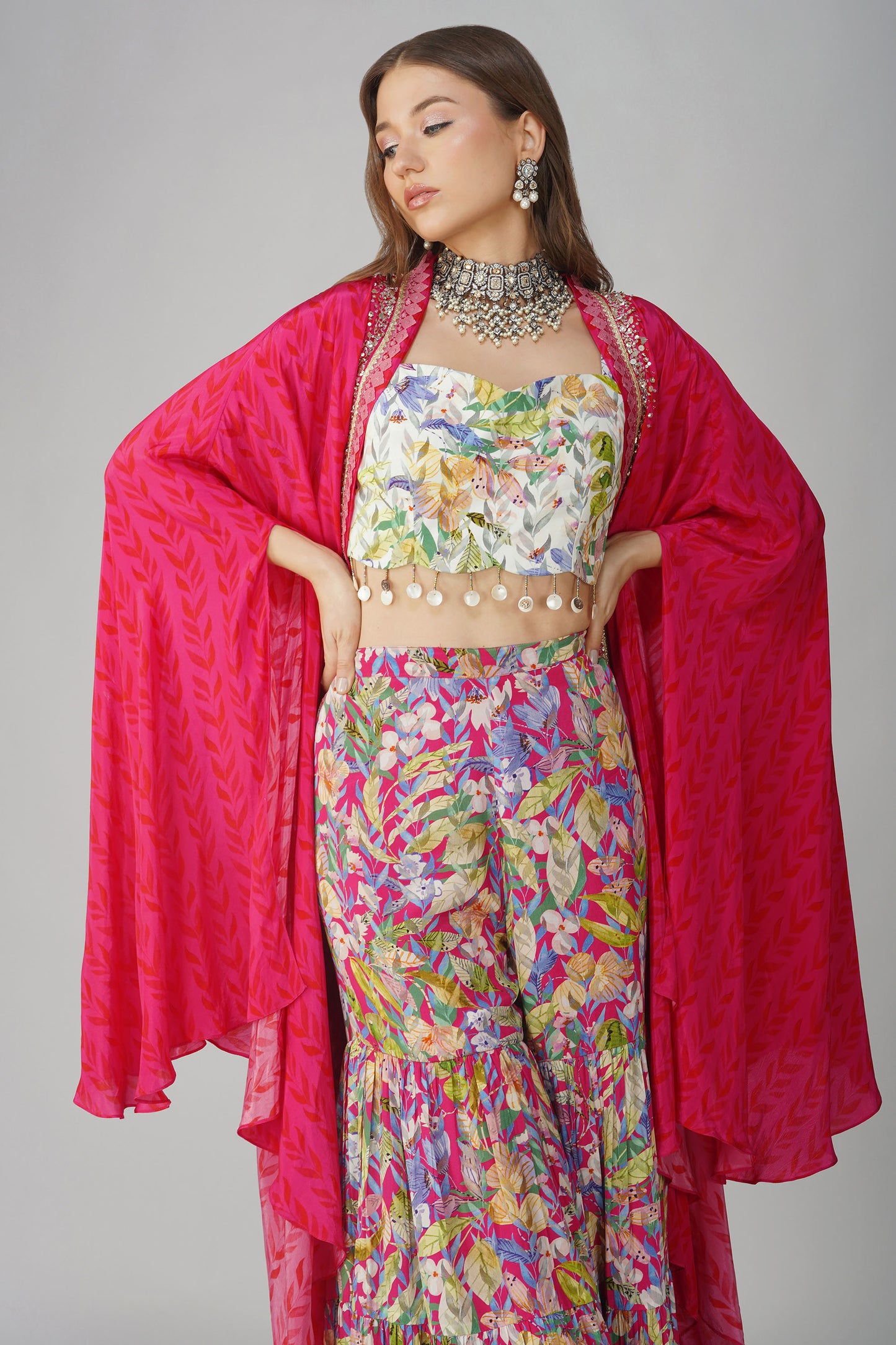 Rani Pink Multi Leaf Print Cape Set