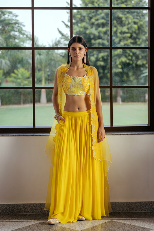 Shama Georgette Hand Embroidered Yellow Cape Set