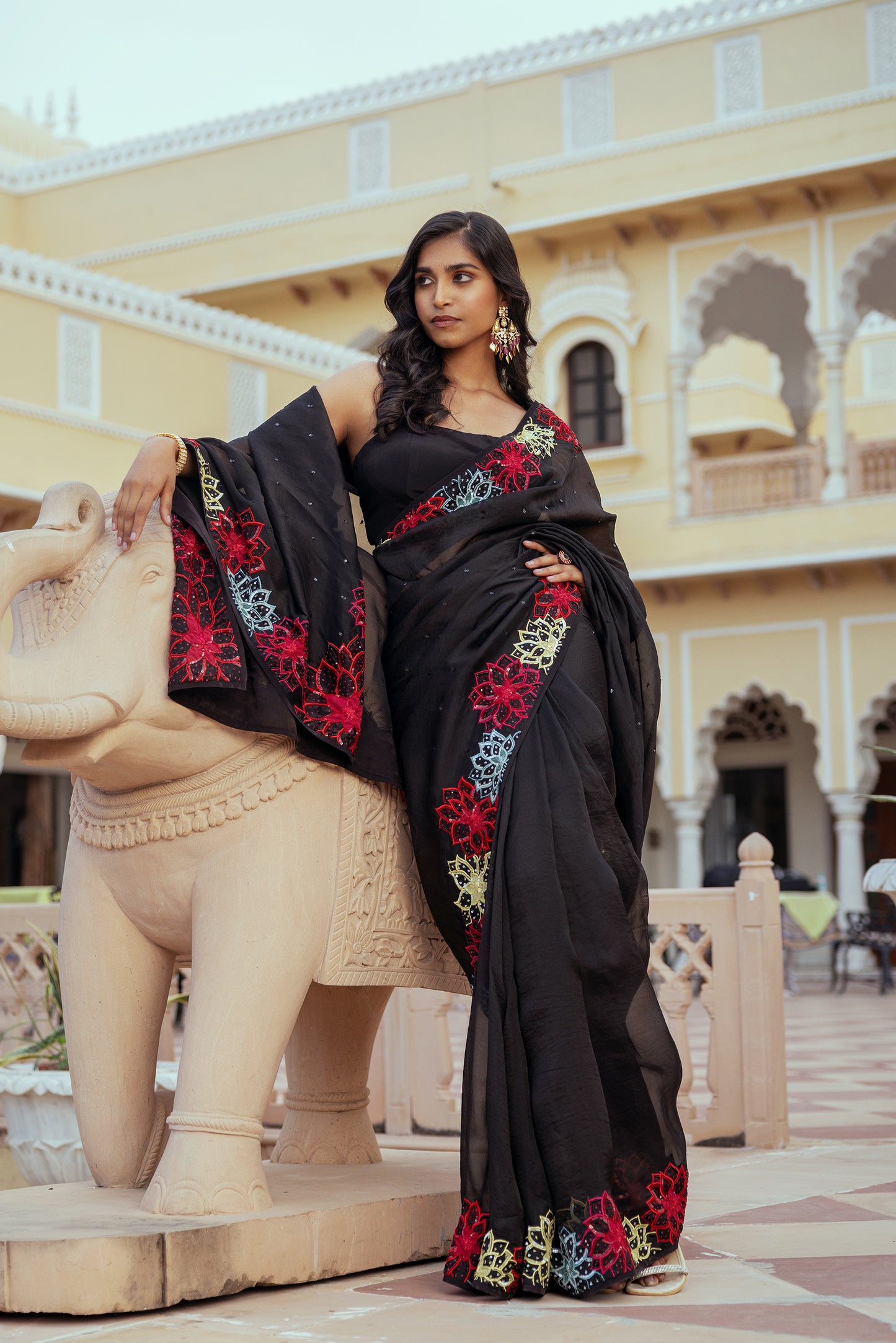 Nova Black Organza Silk Ajooba Saree Set