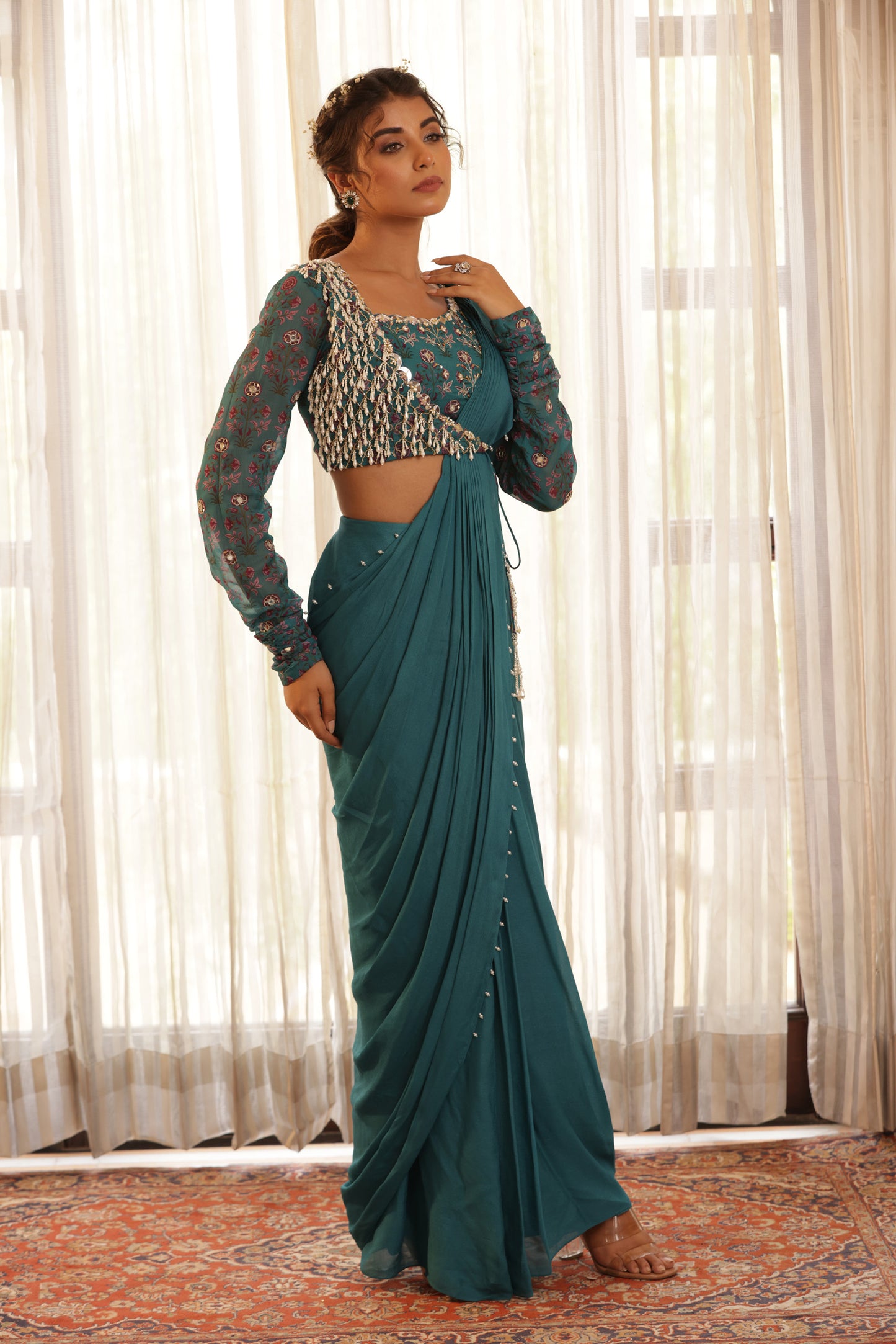 Mehraab Green Hand embroidered Guest saree set