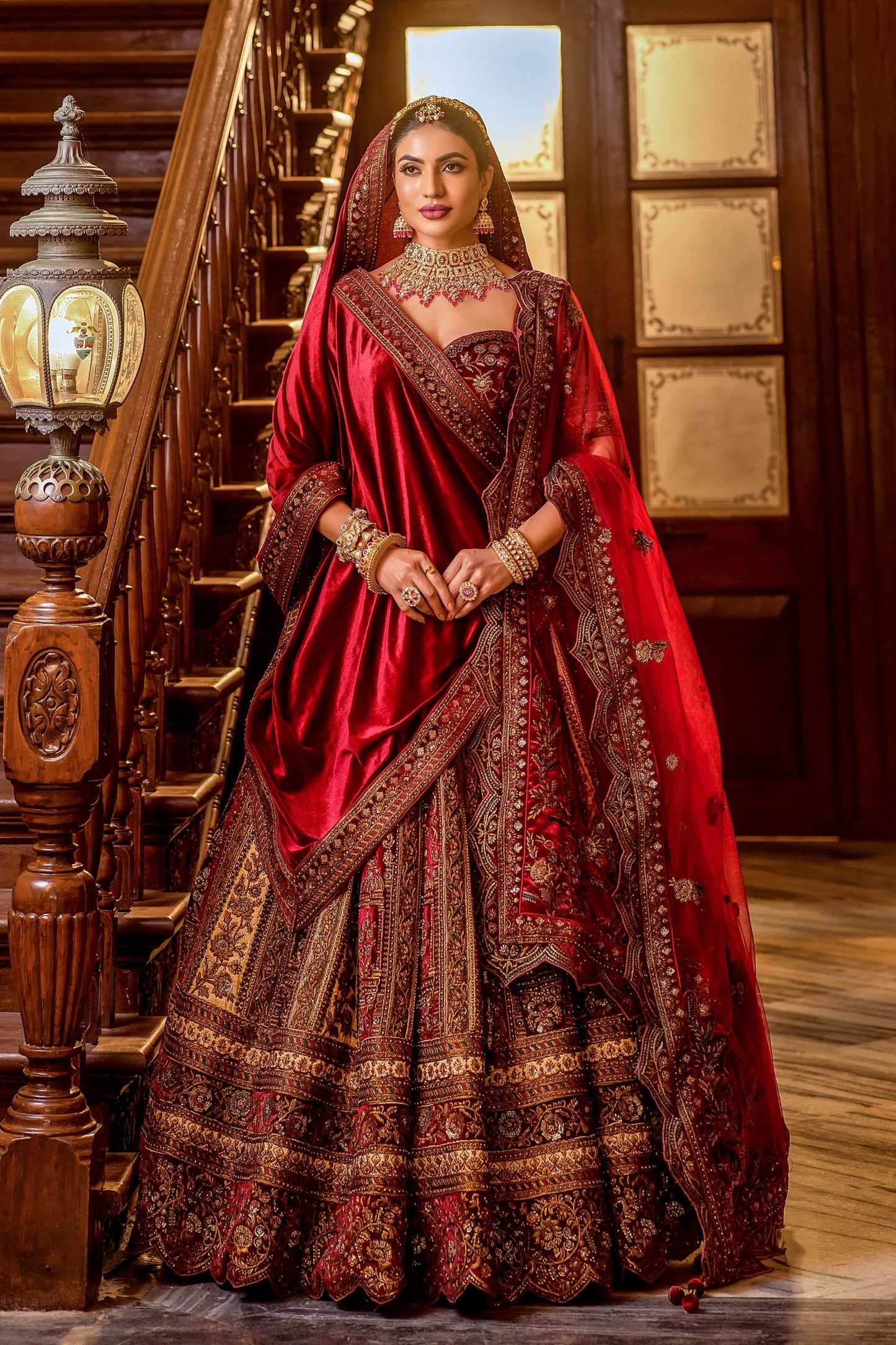 Red Velvet Sequins Embroidered Indian Bridal lehenga